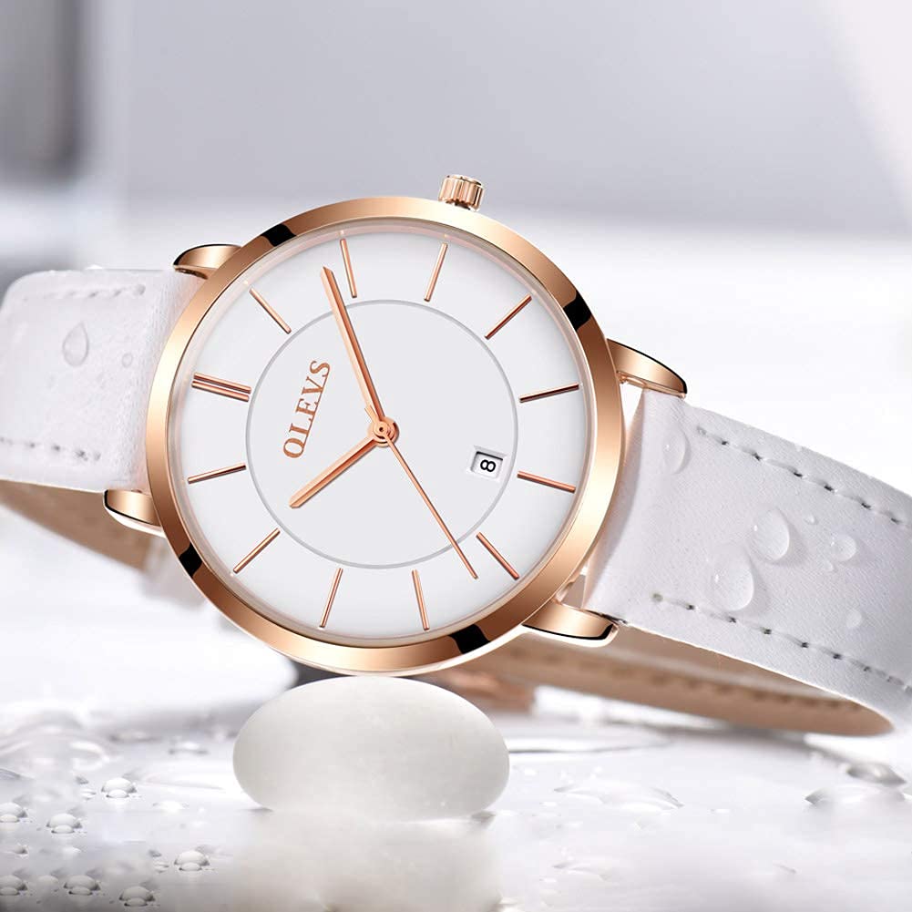OLEVS Women's Waterproof Analog Quartz Watch - Ultra Thin White Leather Strap with Date Calendar - Elegant Wristwatch for Women - Perfect Gift for Her - Ideal for Office, Party & Everyday Wear