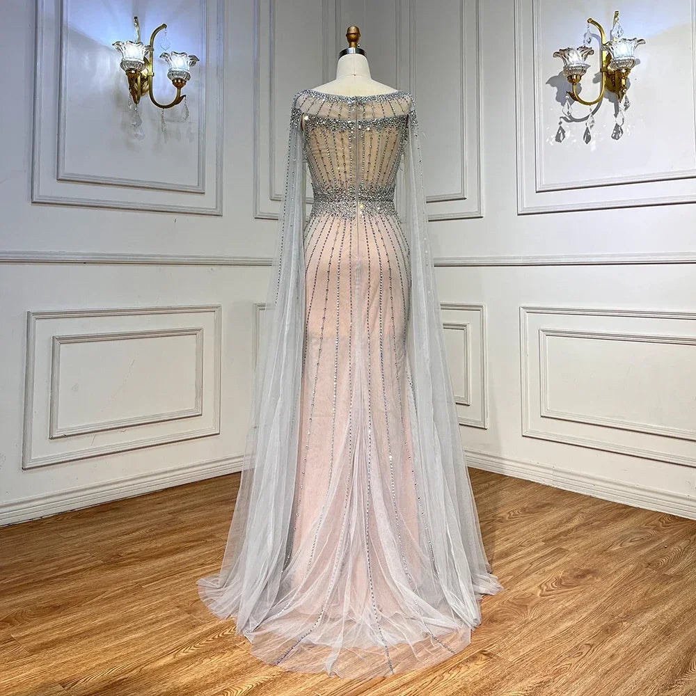 Elegant White Mermaid Evening Dress with Feather Cape & Beaded Details - Women's Formal Gown for Prom, Wedding & Special Occasions - Serene Hill LA71724