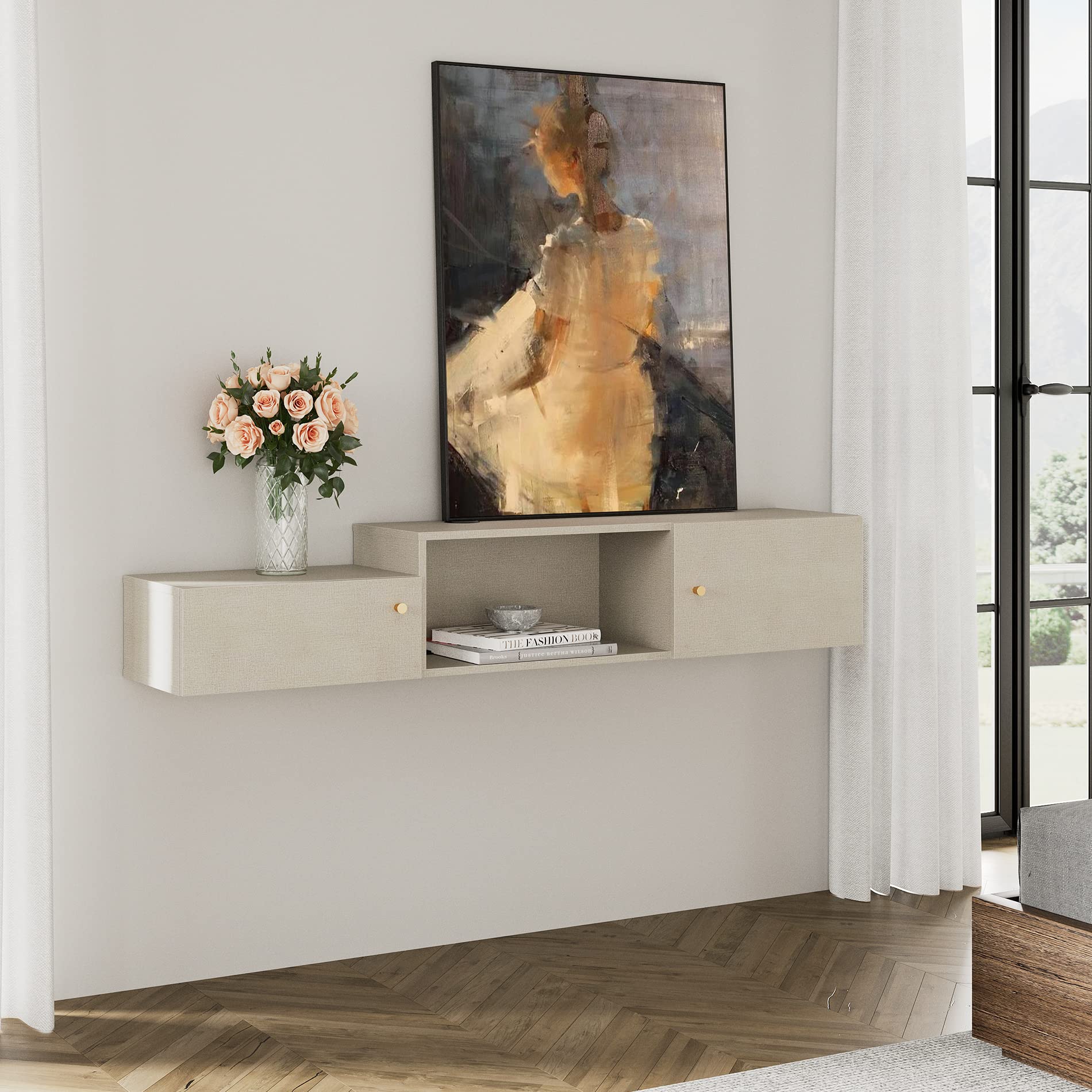 FITUEYES 59-Inch Floating TV Stand with Built-in Charging Station, Wall Mounted Entertainment Center with Storage - Modern Hanging Shelf for Living Room, Bedroom & Home Theater Setup
