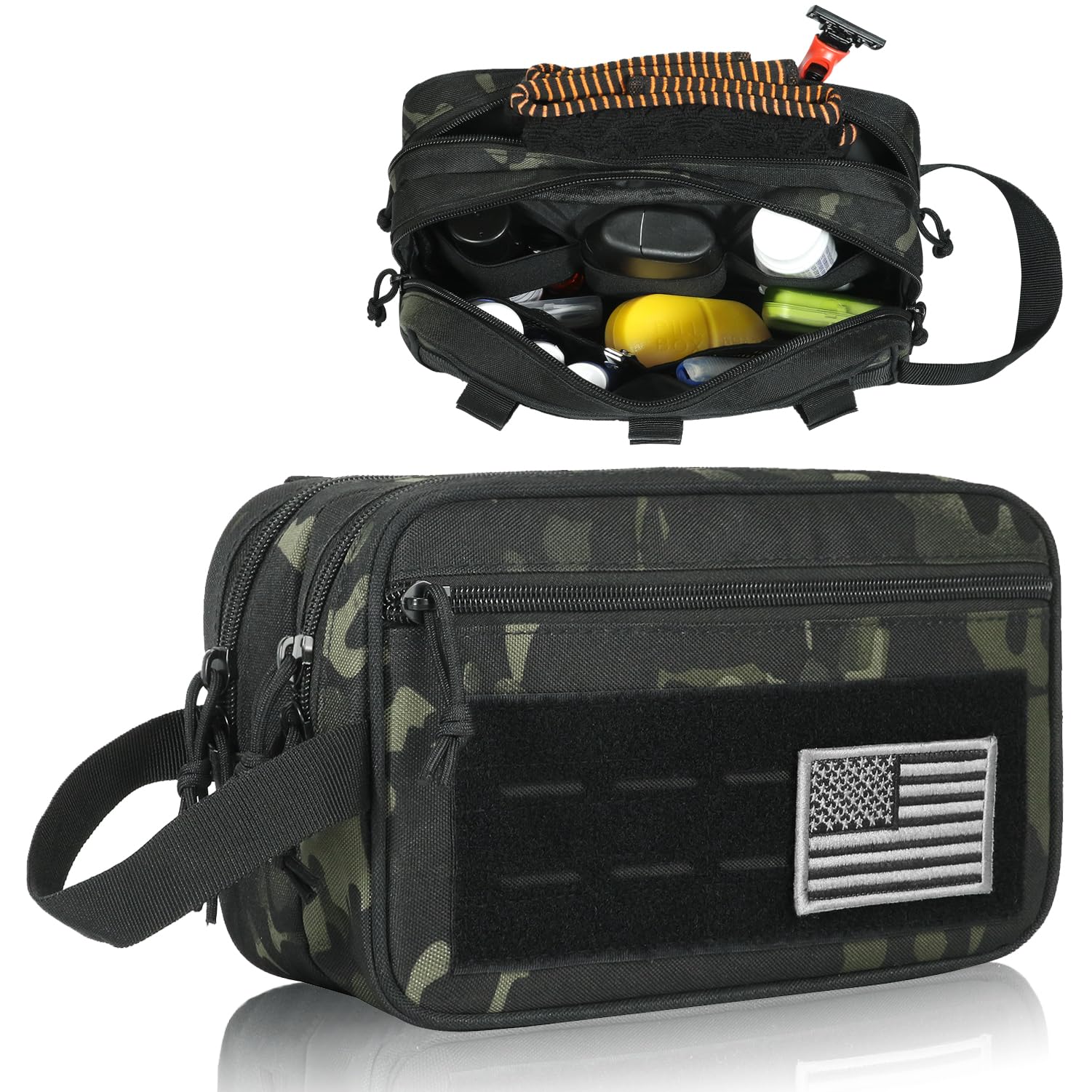 DBTAC Tactical Toiletry Bag for Men - Waterproof Shower Bag with Wet/Dry Compartments | Compact Travel Dopp Kit & Shaving Organizer (Black Camo) - Perfect for Camping, Gym & Business Trips
