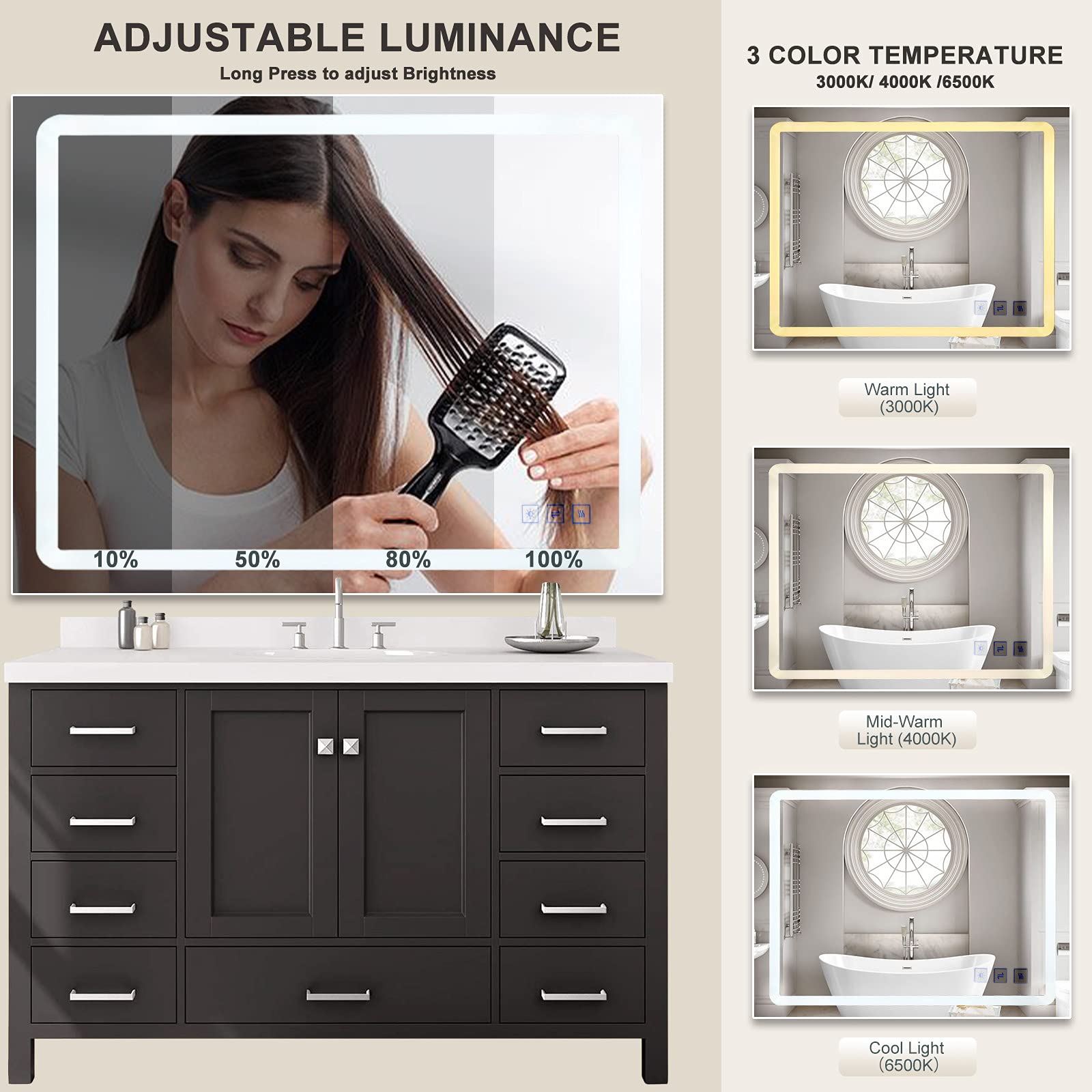 DURASPACE 40 x 32 Inch LED Lighted Bathroom Mirror - Dimmable Anti-Fog Vanity Wall Mirror with Memory Function (Vertical/Horizontal) - Perfect for Makeup, Shaving & Home Decor