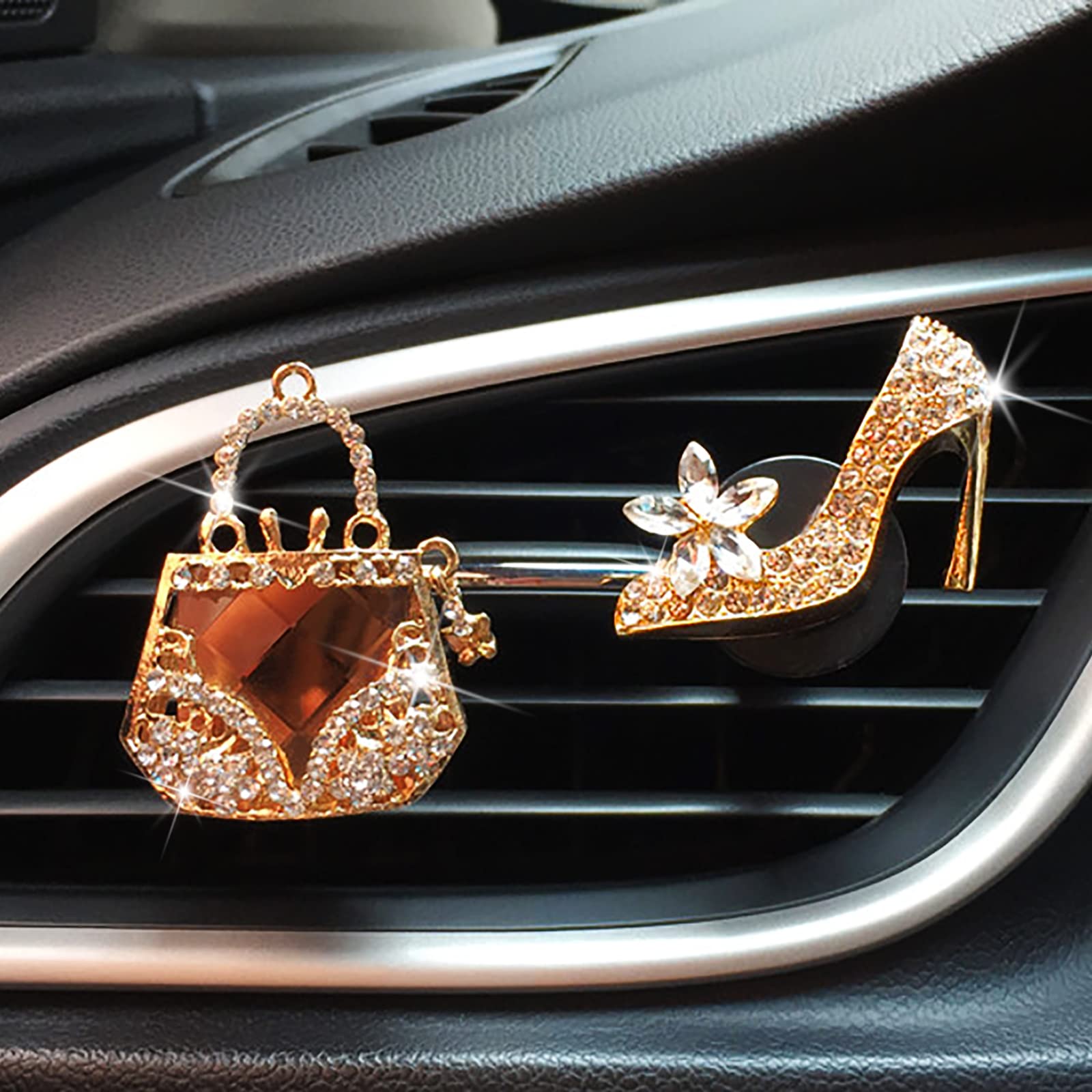2-Pack Rhinestone Crystal High Heel Shoe Car Air Vent Clips with Magic Bag - Elegant Bling Car Air Freshener Holder & Decor Accessories for Women - Perfect for Birthday Gifts, Car Interior Decorations and Party Favors