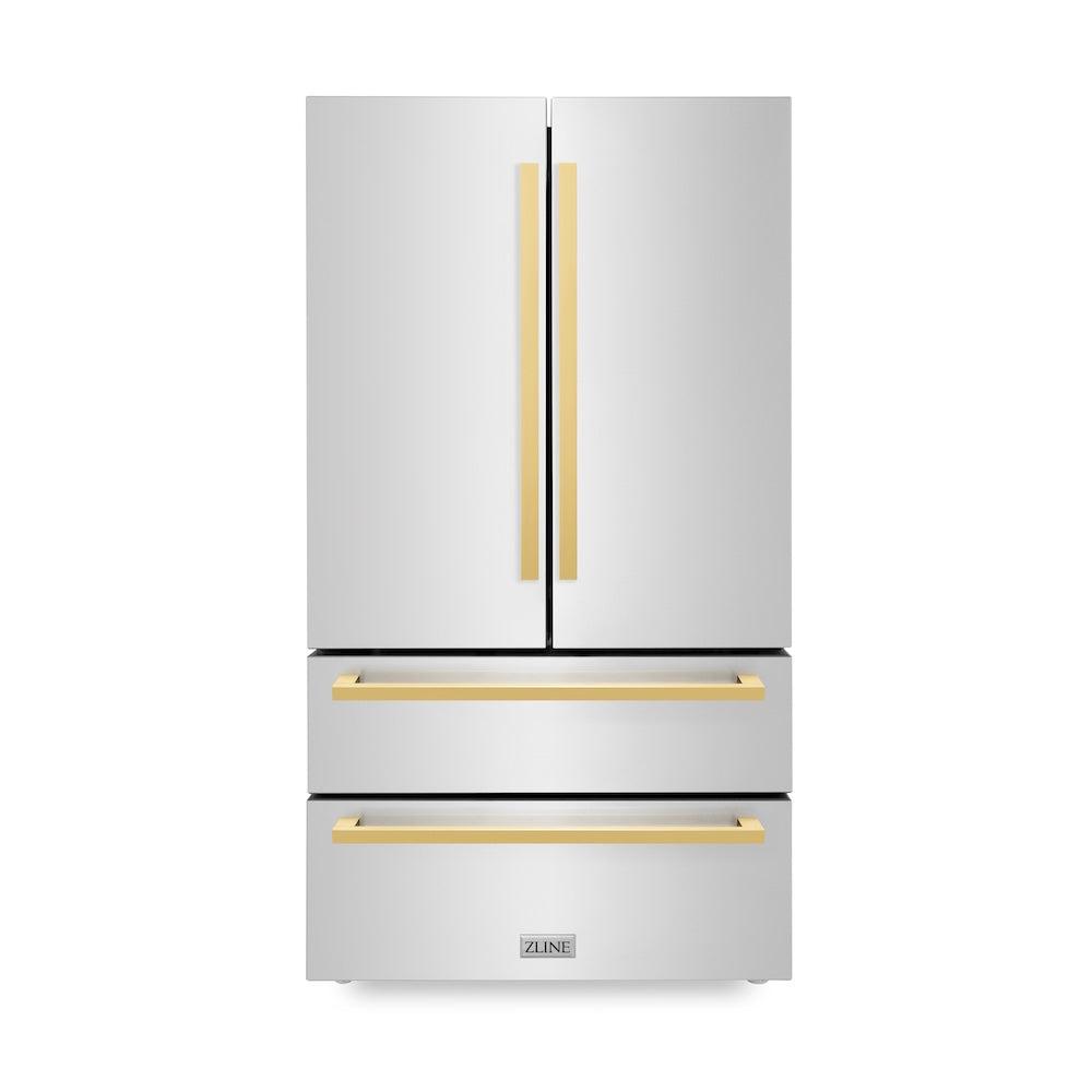ZLINE Autograph Edition 36 Inch Counter Depth French Door Refrigerator - 22.5 cu ft Capacity, Fingerprint Resistant Stainless Steel with Polished Gold Handles, Built-in Ice Maker - Perfect for Modern Kitchens & Open Concept Homes (RFMZ 36 FG)