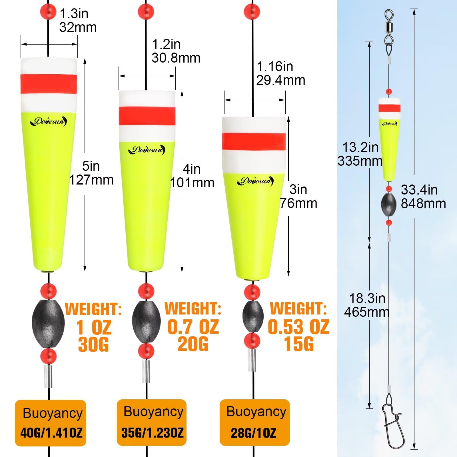 Doveson Weighted Popping Cork Fishing Floats - 3 Sizes for Saltwater & Freshwater Fishing - Perfect for Bass, Trout, and Redfish
