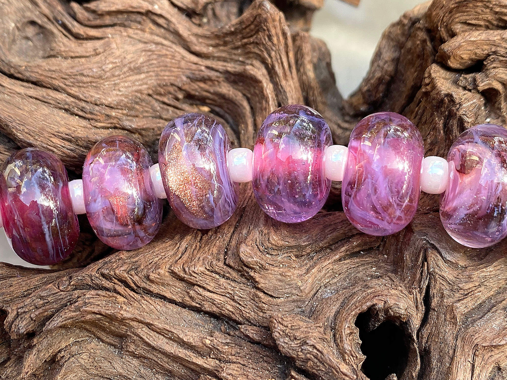 10 Pink Violet Swirl Lampwork Glass Beads Set for Jewelry Making - DIY Bracelet, Necklace & Craft Projects - Handmade Artisan Beads for Boho Style Accessories