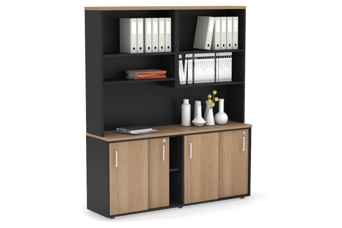 Modern White Sliding Door Credenza with Open Hutch - 1600W x 750H x 450D - Perfect for Home Office, Living Room & Bedroom Storage Organization