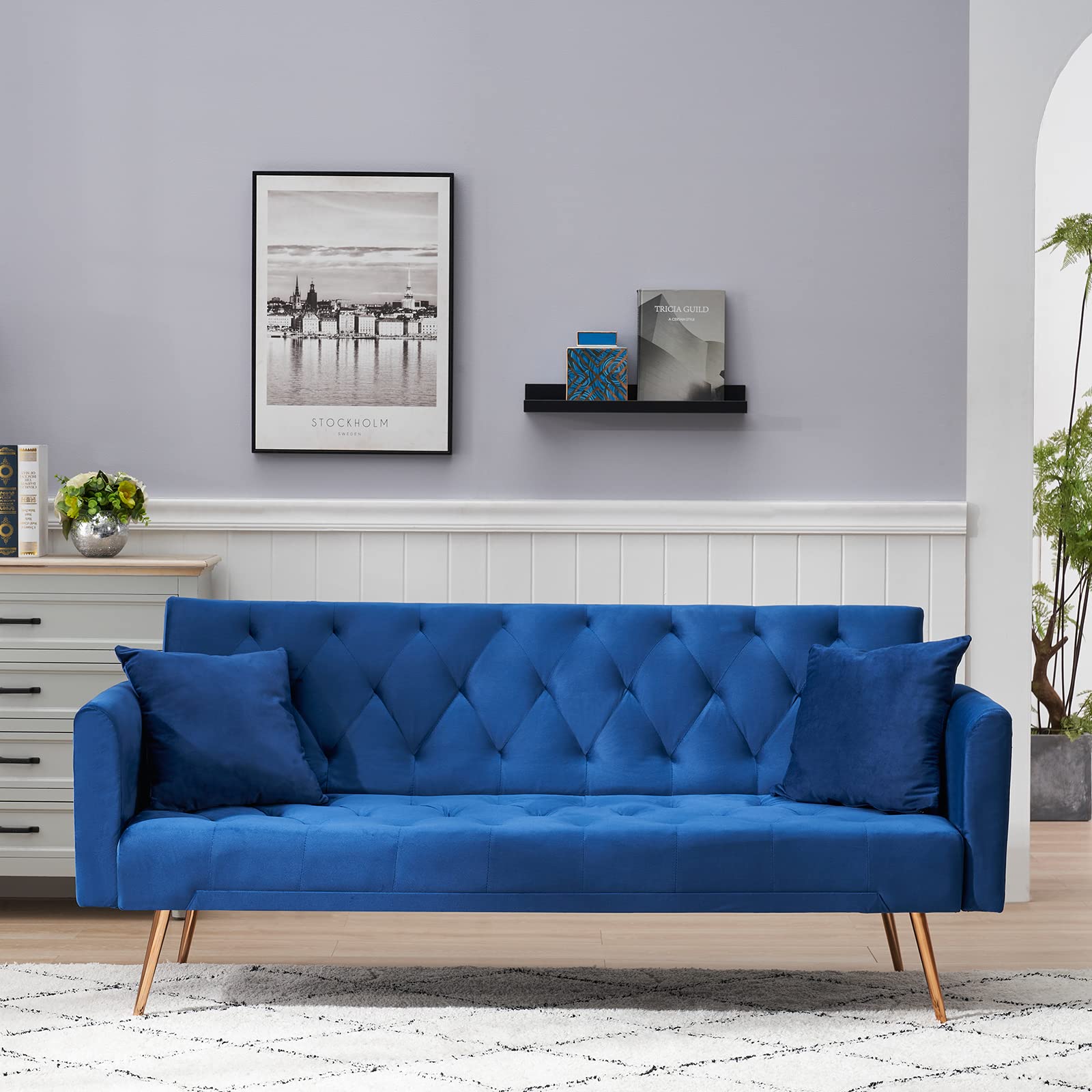 KINFFICT Velvet Convertible Sofa Bed with 2 Pillows - 3-Position Adjustable Backrest, Modern Loveseat with Gold Metal Legs for Living Room, Bedroom & Small Spaces - Perfect for Guest Sleeping, Reading Nook & Studio Apartments