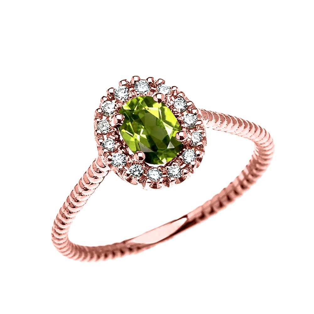 14K Yellow Gold Dainty Oval Halo Diamond & Solitaire Peridot Rope Design Engagement Ring - Elegant Promise Ring for Women, Perfect for Proposals, Anniversaries & Special Occasions