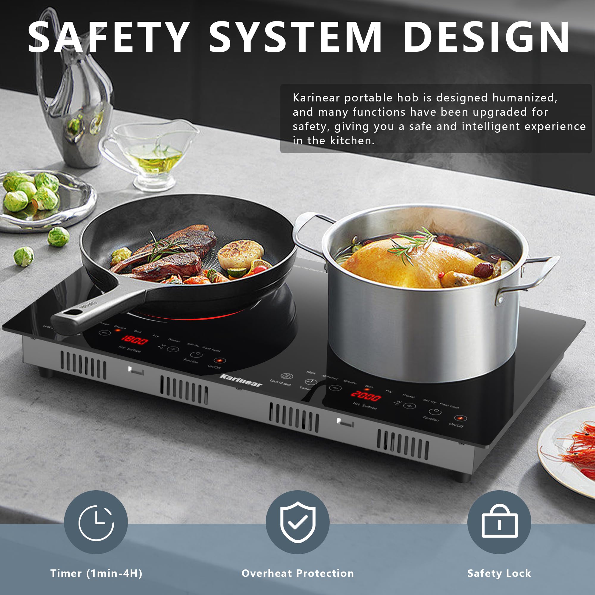 Karinear 24 Inch 2 Burner Electric Cooktop - 110V-120V Built-in or Countertop Stove with Touch Controls, Child Safety Lock, Timer & Outlet Plug - Perfect for Small Kitchens, Apartments & RVs (White)