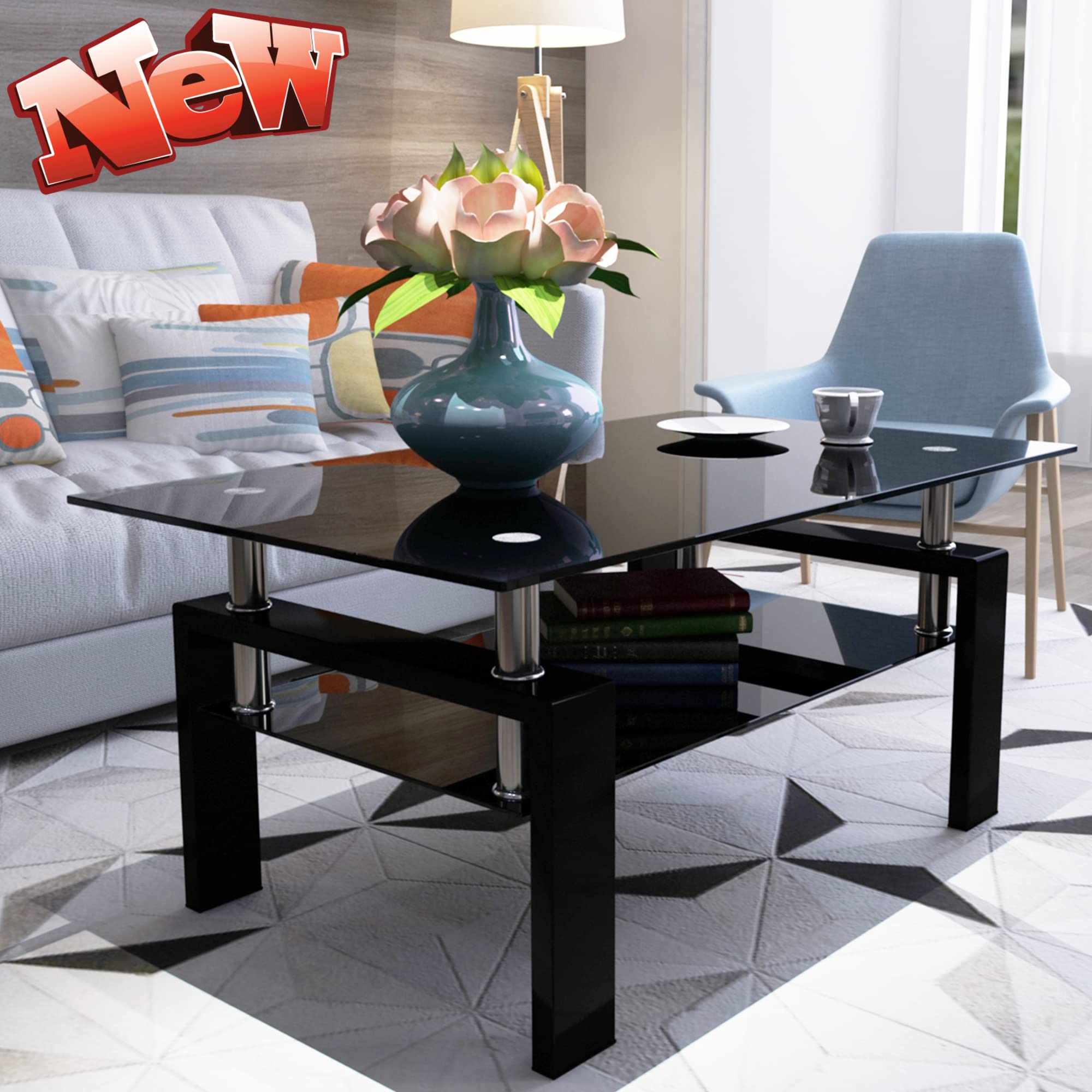 Premium 39-Inch Thickened Glass Coffee Table with Storage Shelf - Modern Rectangle Living Room Center Table, Sofa Side Table - Easy Assembly (Dark Black) - Perfect for Small Spaces, Apartments & Contemporary Home Decor