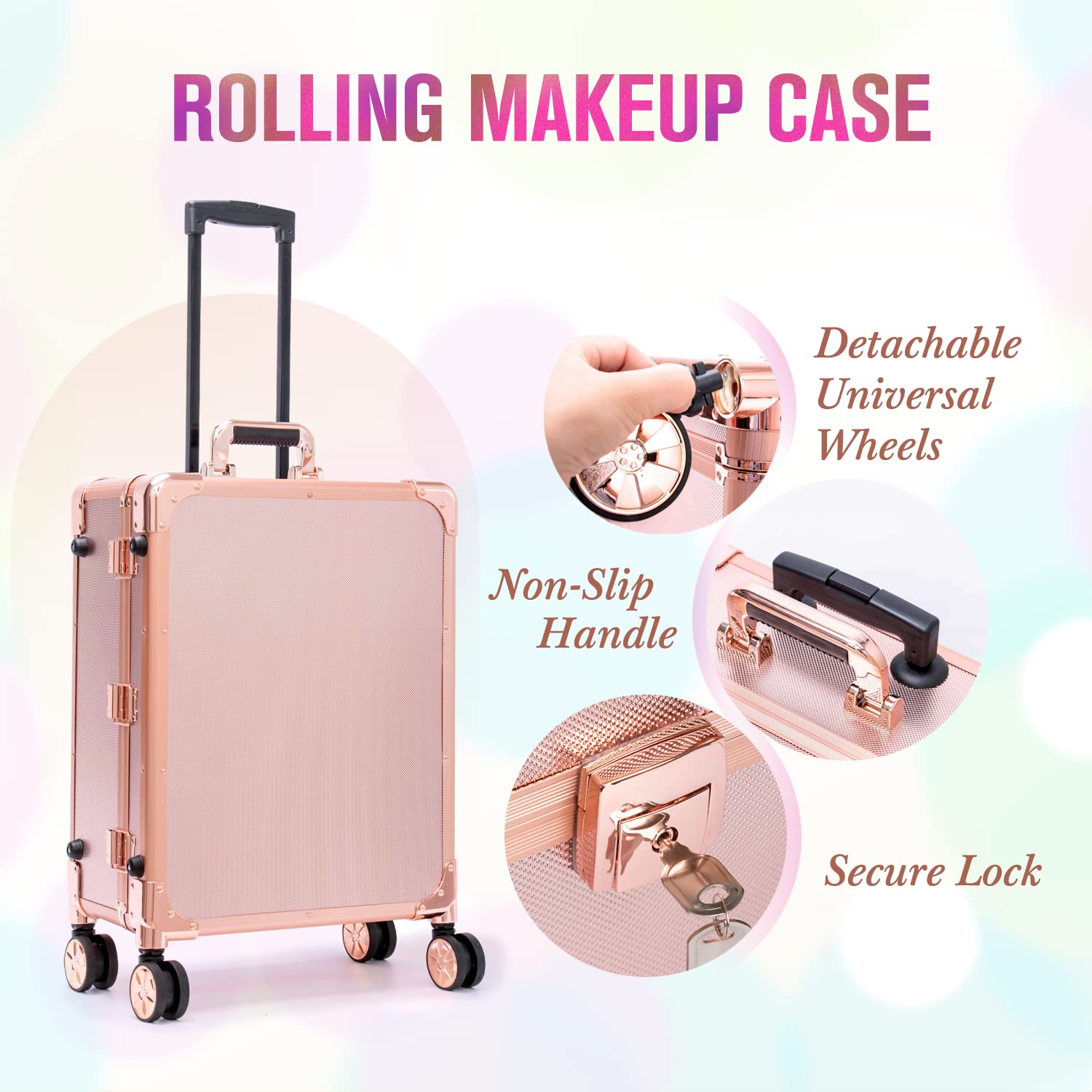 Kemier Professional Makeup Case with LED Lighted Mirror, Portable Cosmetic Organizer with 4 Wheels, Extendable Trays & Adjustable Legs - Rose Gold | Perfect for Home, Travel & Professional Makeup Artists
