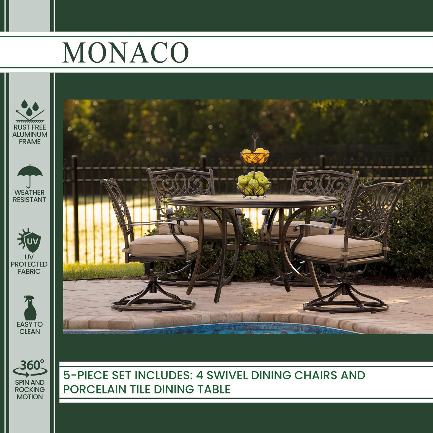 Hanover Monaco 5-Piece Outdoor Patio Dining Set with 4 Cushioned Swivel Rocker Chairs & 51