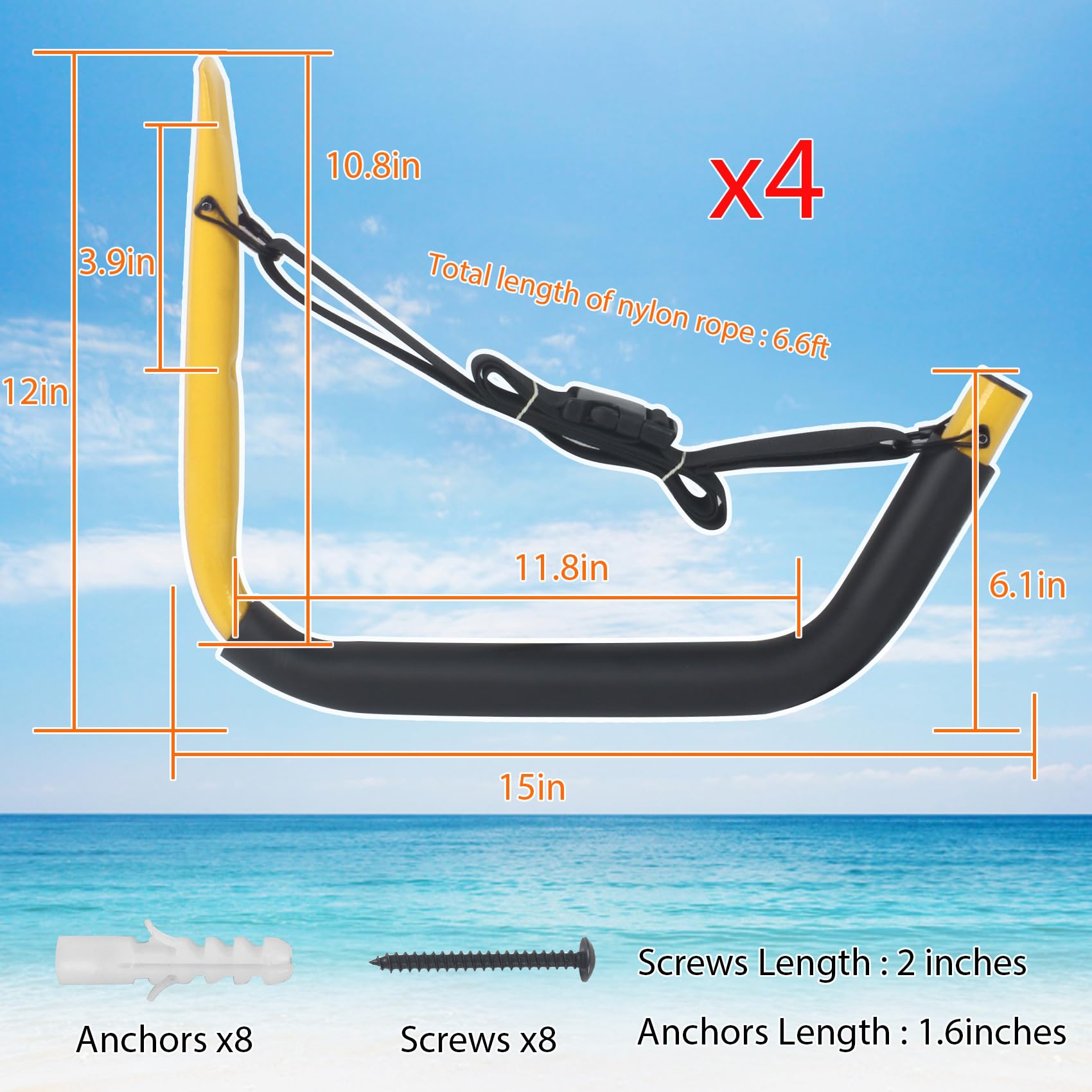 Heavy Duty Kayak Wall Mount Storage Rack - 4 Pack Kayak Hooks with Adjustable Straps, 100 LB Capacity - Perfect for Garage, Shed or Outdoor Kayak, Paddle Board, SUP, Surfboard, Bike & Ladder Organization