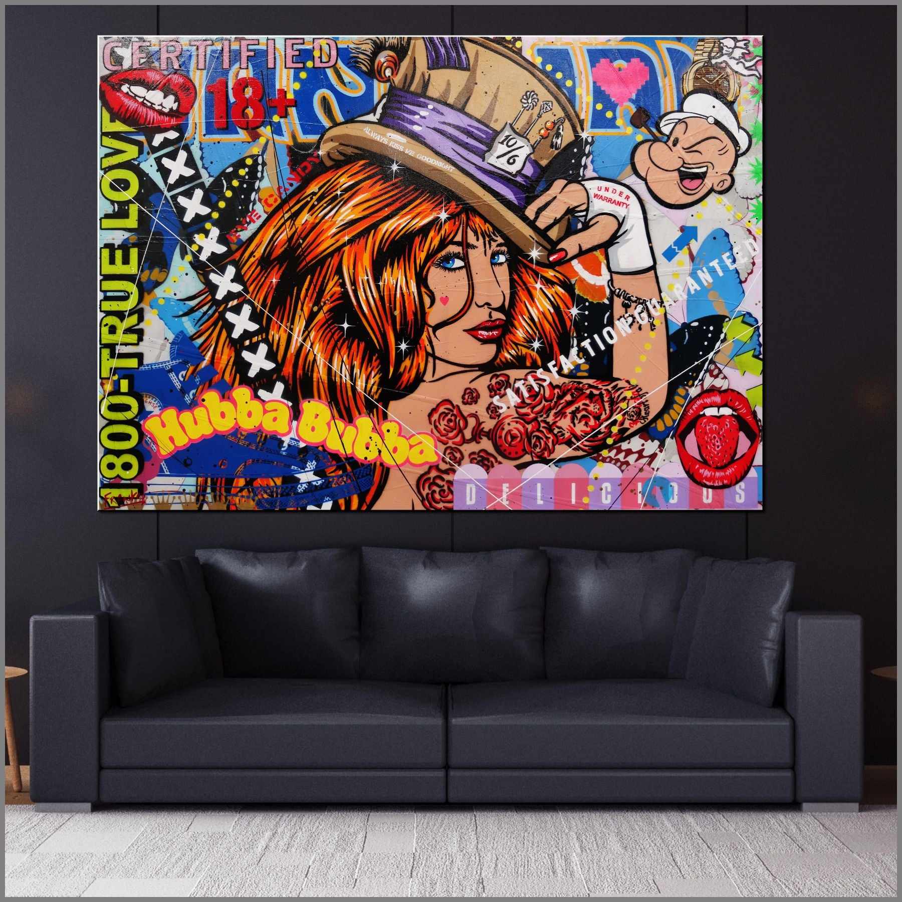 Hubba Bubba Hat Girl 140cm x 100cm Sexy Woman Textured Urban Pop Art Canvas Painting - Perfect for Modern Home Decor, Office Wall Art & Gift Ideas