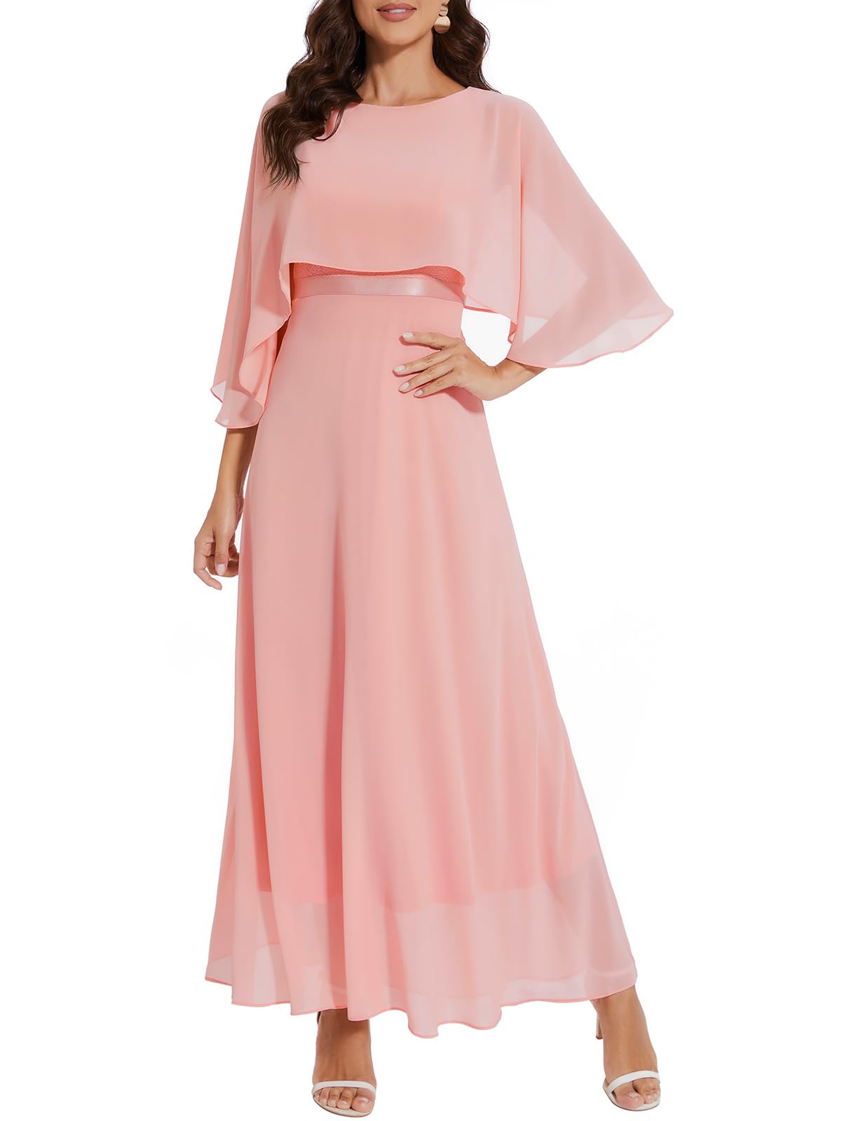 Elegant Women's Sleeveless Cape Dress with Chiffon Overlay & Lace Details - Wedding Guest, Cocktail Party Gown - Perfect for Formal Events, Evening Parties & Special Occasions