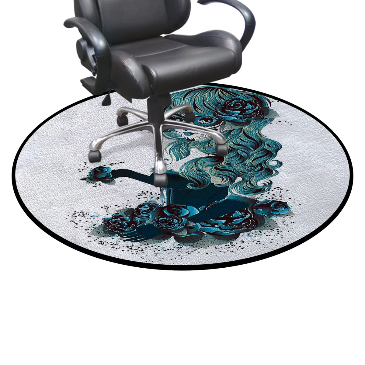 Vintage Skull Sugar Shape Round Gaming Chair Mat - 36 Inch Diameter Office Chair Floor Protector for Rolling Chairs - Petrol Green - Perfect for Gaming Rooms, Home Offices & Workspace Decor