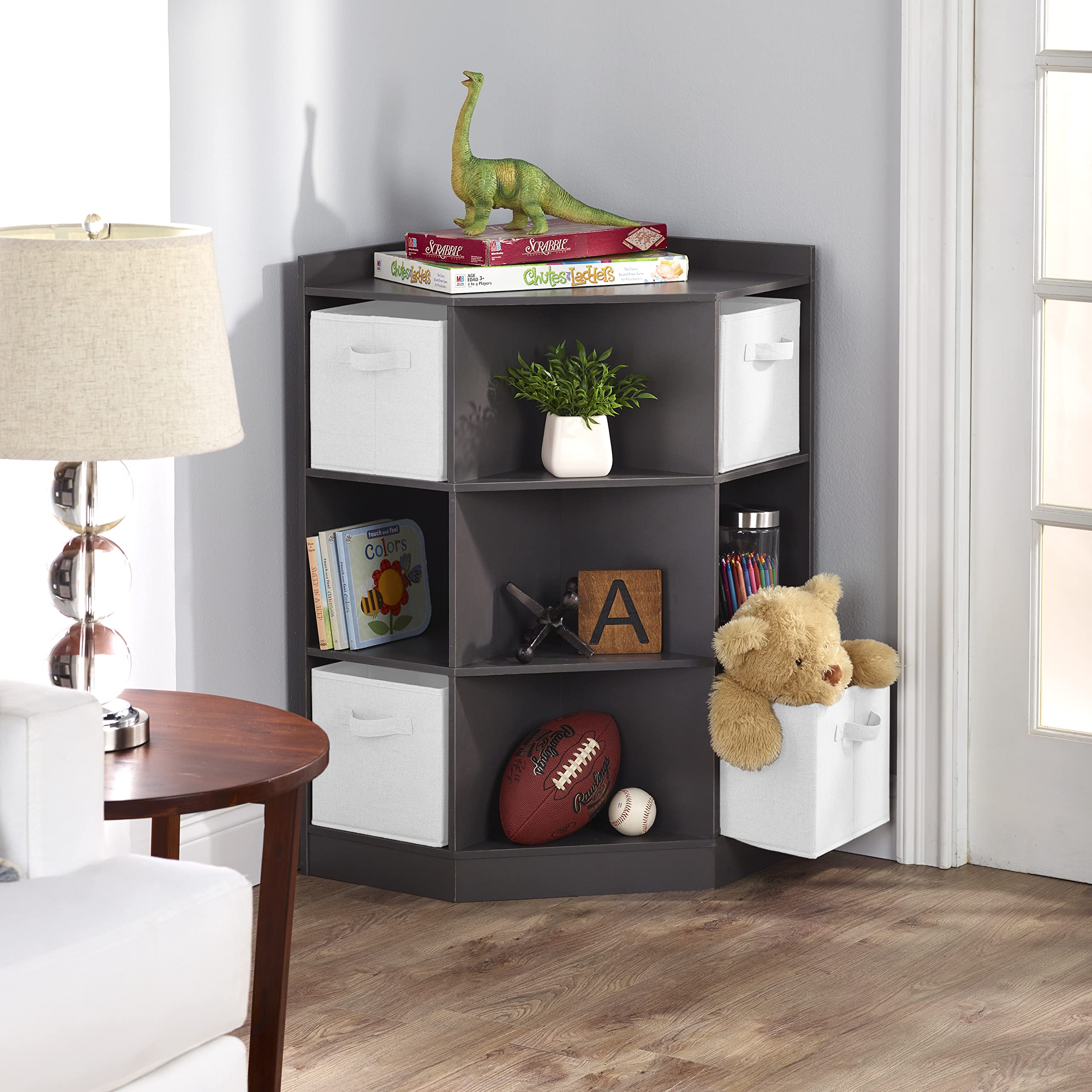 Badger Basket Corner Toy Storage Organizer for Kids with 4 Removable Baskets - Space-Saving Kids Room Organization for Toys, Books & Clothes - Charcoal Gray Nursery & Playroom Storage Solution