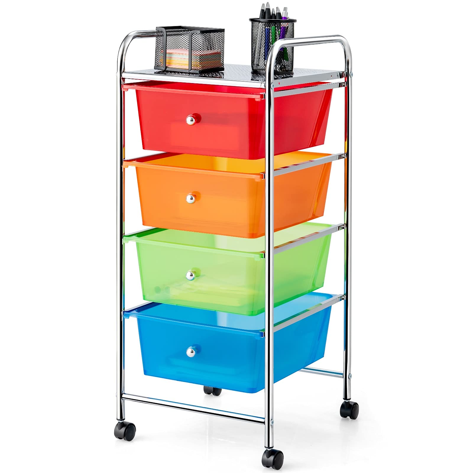 MAT EXPERT 4-Drawer Rolling Storage Cart with Plastic Drawers & Casters - Mobile Organizer Cart for Home, Office, School - 4-Tier Metal Frame Multipurpose Trolley Bin in Red, Orange, Blue, Green - Perfect for Craft Room, Garage Organization, Classroom Supplies & Office Storage