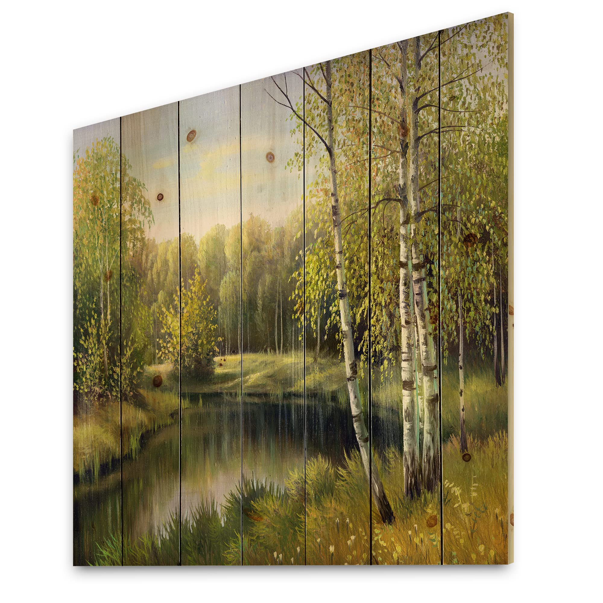DesignQ Traditional Wood Wall Art - 'Birches By The River' Landscape Painting on Natural Pine Wood, Large Green Nature Wall Decor for Living Room, Bedroom & Office