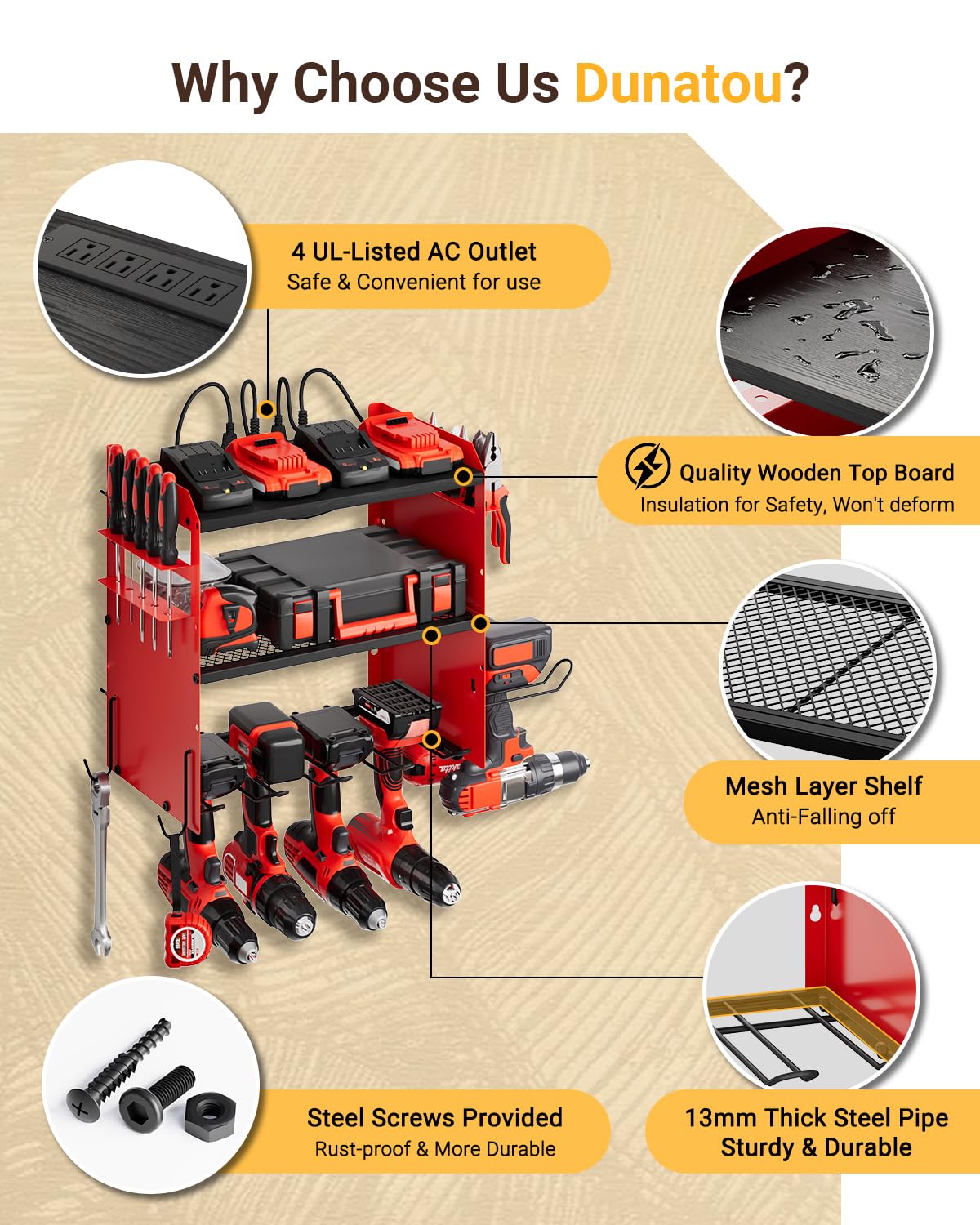 Dunatou Adjustable Power Tool Organizer Wall Mount with Charging Station - 6 Drill Holder & 4 Outlet - Wood Garage Tool Organizer with Hooks - Perfect for DIY, Workshop, and Home Garage Organization