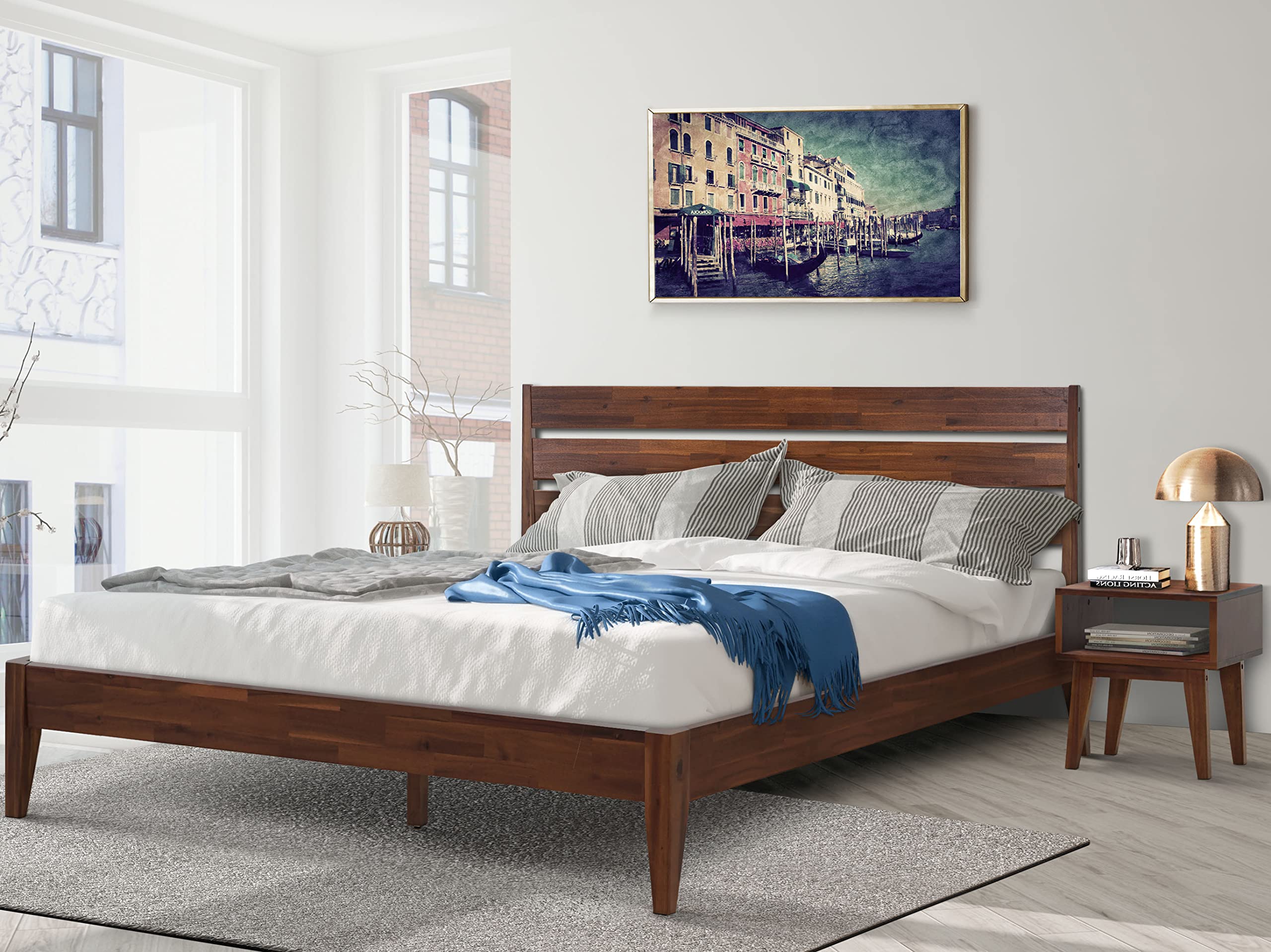 Solid Wood Acacia King Size Bed Frame with High Headboard & Nightstand - 2-Piece Bedroom Set, No Squeak Construction, Easy Assembly in One Box (Walnut Finish) - Perfect for Master Bedrooms, Guest Rooms & Small Spaces