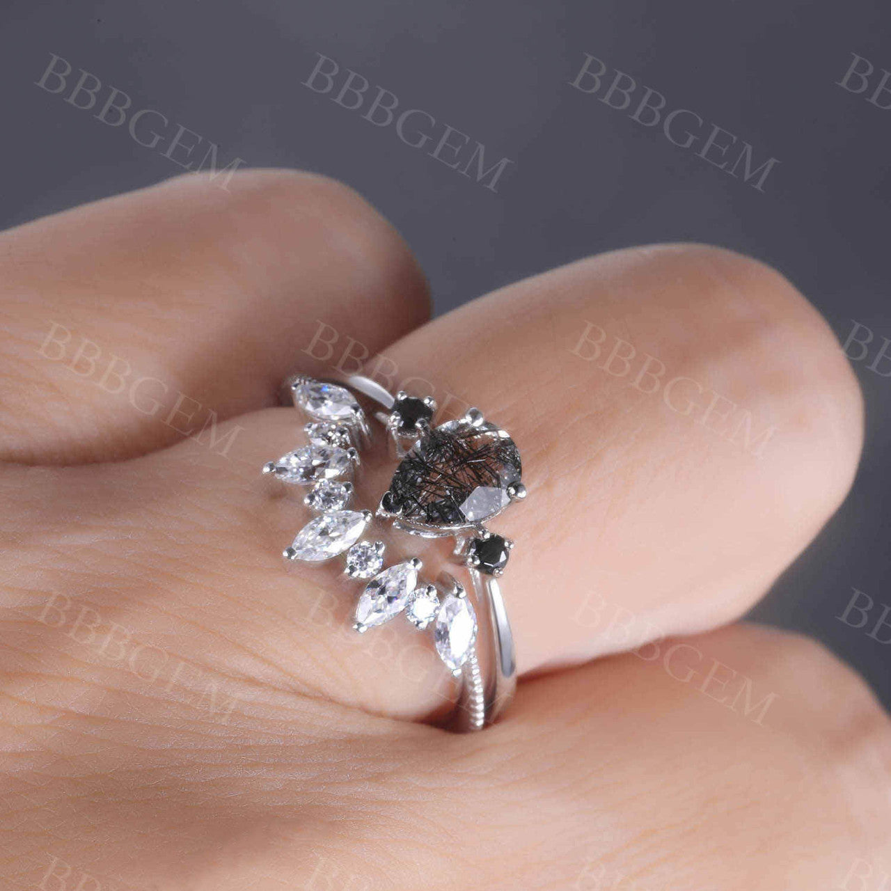 Pear Black Rutilated Quartz Bridal Ring Set in White Gold with Diamond Cluster - Elegant Engagement & Wedding Jewelry for Brides, Anniversary Gifts, and Special Occasions