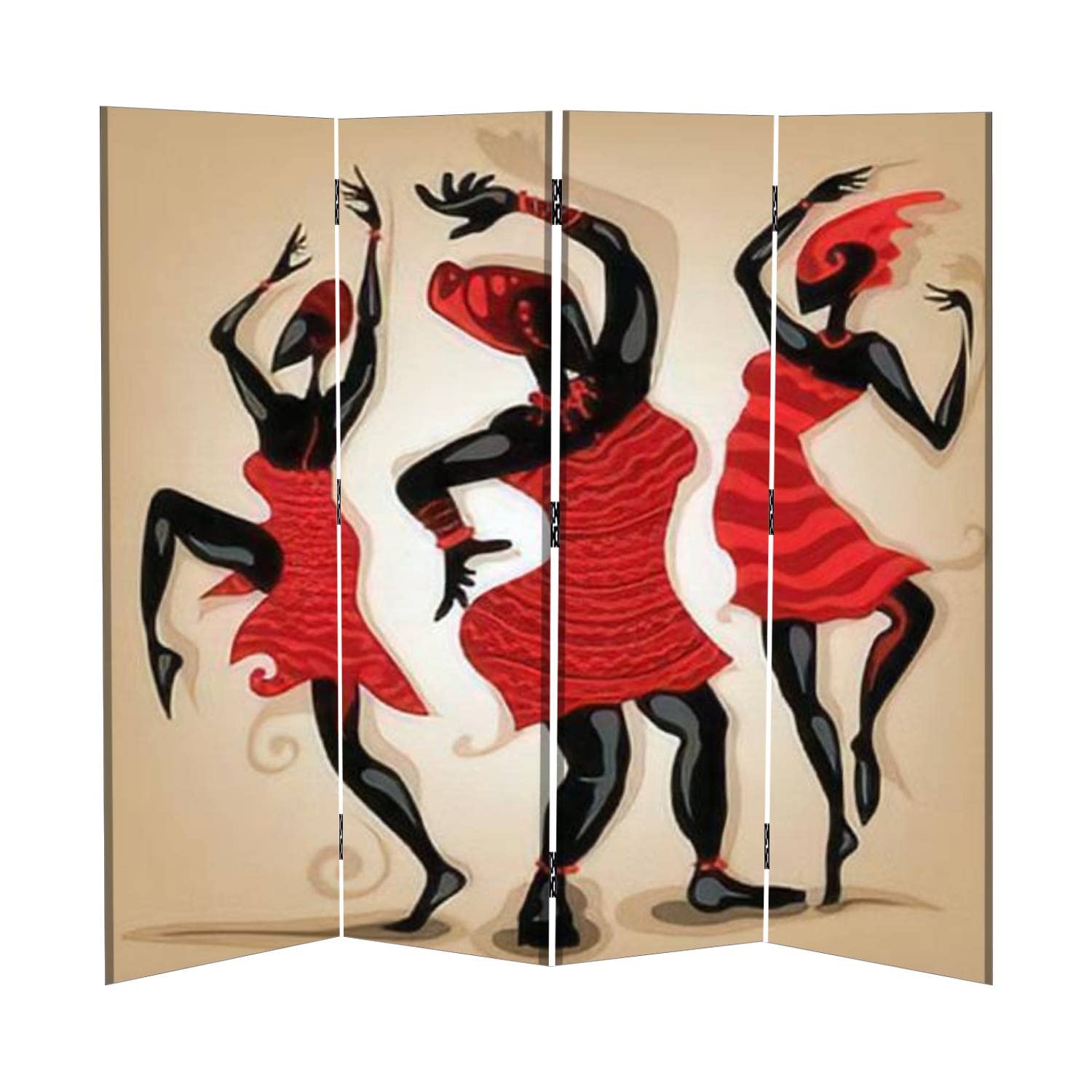 African Dancers Canvas Room Divider - 4 Panel Folding Privacy Screen for Home & Office - Temporary Wall Partition for Bedroom, Living Room, Studio & Events