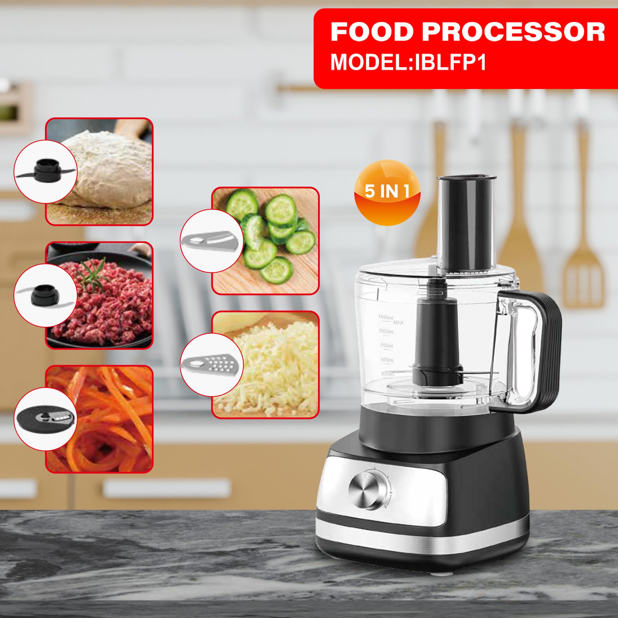 EMB IronBlade Series 5-in-1 Food Processor - 1.5L Capacity, 4-Speed Control for Slicing, Shredding, Chopping & Kneading - Perfect for Meal Prep, Baking & Healthy Cooking