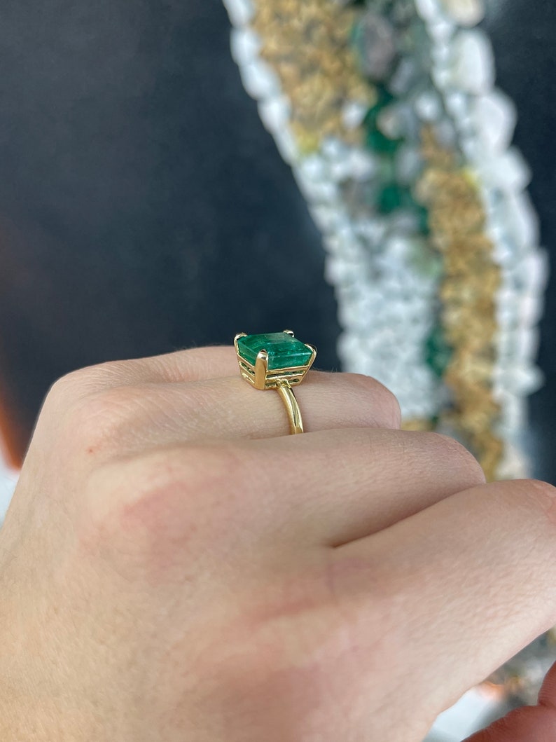 4.10ct 18K Yellow Gold Natural Emerald Cut Solitaire Engagement Ring - Four Prong Half Bezel Setting for Wedding, Proposal & Anniversary Gifts