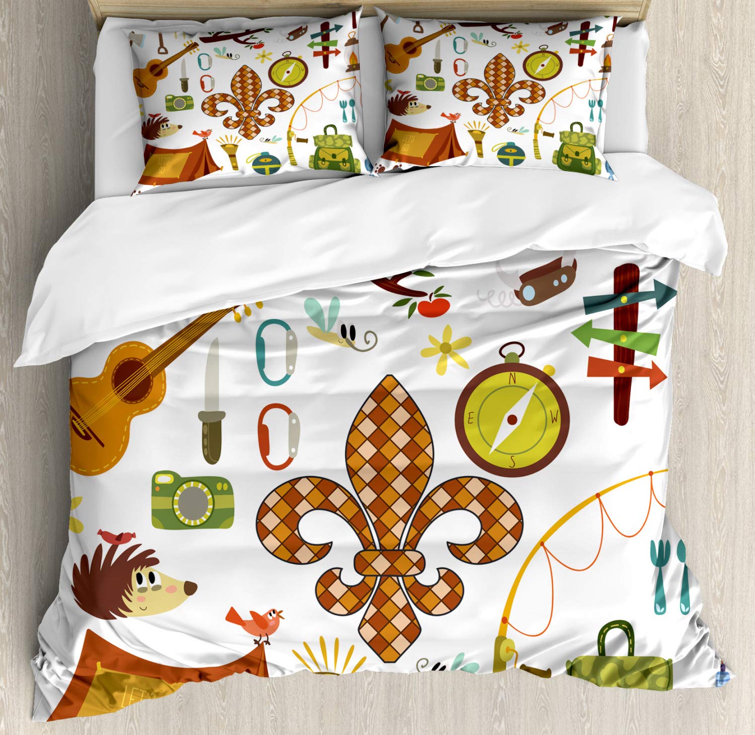 Ambesonne King Size 3-Piece Camping Duvet Cover Set with 2 Pillow Shams - Cartoon Outdoor Theme Featuring Fleur de Lis, Guitar, Bonfire & Trees - Amber & Green Decorative Bedding for Camping Enthusiasts & Nature Lovers - Perfect for RV Trips, Cabin Retreats & Adventure-Themed Bedrooms