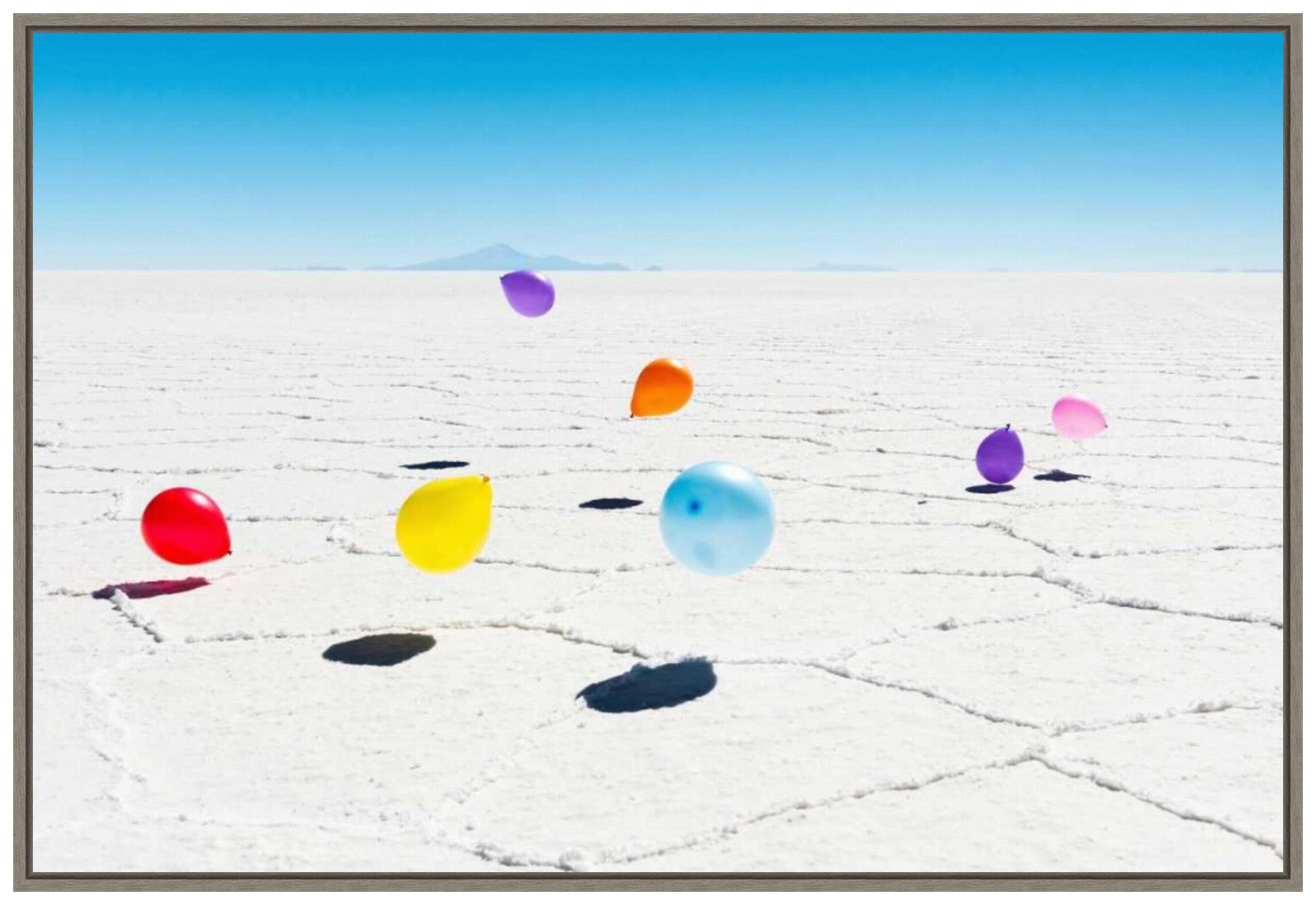 Amanti Art Framed Canvas Wall Art Print - Balloons Over Salar de Uyuni Bolivia Landscape by Richard Silver, 33x23 Inches, Sylvie Greywash Frame - Perfect for Living Room, Bedroom or Office Decor