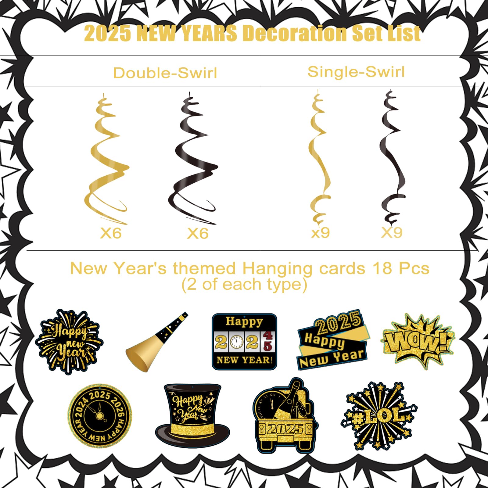 48 Pieces 2025 New Year Swirl Hanging Decorations Set - Gold Party Supplies for Birthday, Home & Holiday Celebrations - Perfect for Wall, Ceiling & Door Decoration