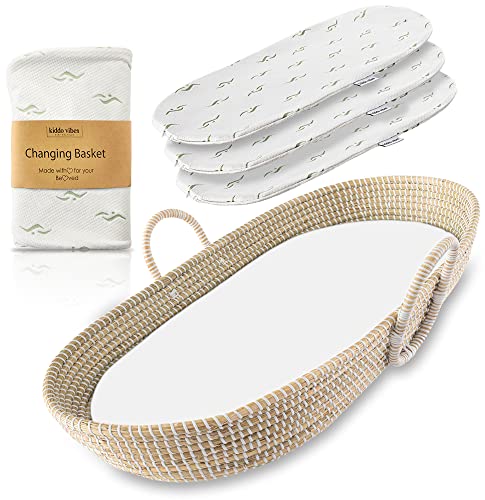 KIDDO VIBES Organic Seagrass Baby Moses Basket with Waterproof Pad & 3 Bamboo Jacquard Covers - Handwoven CPSC Certified Changing Basket for Newborns | Nursery Essentials, Baby Shower Gift, Cozy Sleeping & Diaper Changing Solution