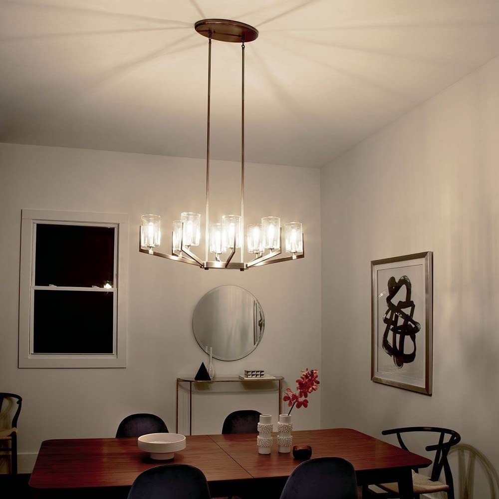8-Light Modern Square Tube Chandelier with Clear Glass Shades - Brushed Natural Brass Finish - Perfect for Dining Room, Living Room or Bedroom Lighting