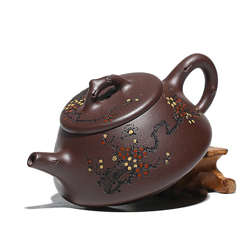 Handmade Yixing Purple Clay Teapot with Carved Plum Blossom Design - Authentic Chinese Ceramic Teapot for Oolong Tea, Gongfu Tea Ceremony & Home Decor
