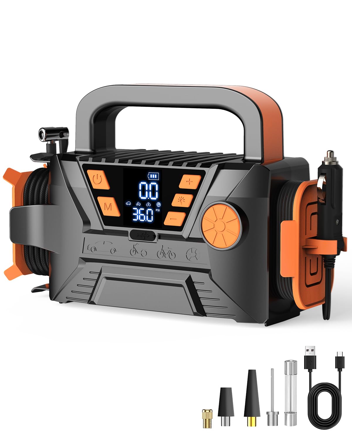 Portable Tire Inflator Air Compressor - 12V DC Battery Powered Car Air Pump with Digital Pressure Gauge & Memory Function, Fast Inflation for Cars, SUVs, Bikes, Basketballs - Perfect for Road Trips, Emergency Use & Sports Equipment Maintenance