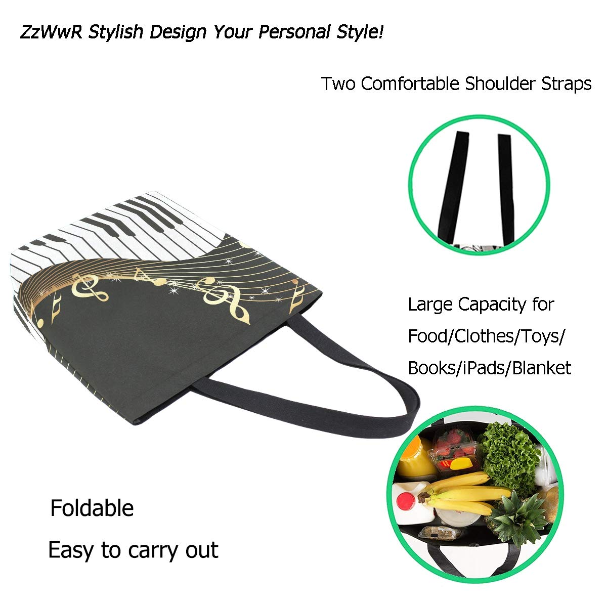 Stylish Piano Keys Musical Notes Extra Large Canvas Tote Bag - Reusable Foldable Grocery Shopping & Beach Travel Bag - Perfect for Shopping, Travel, and Everyday Use
