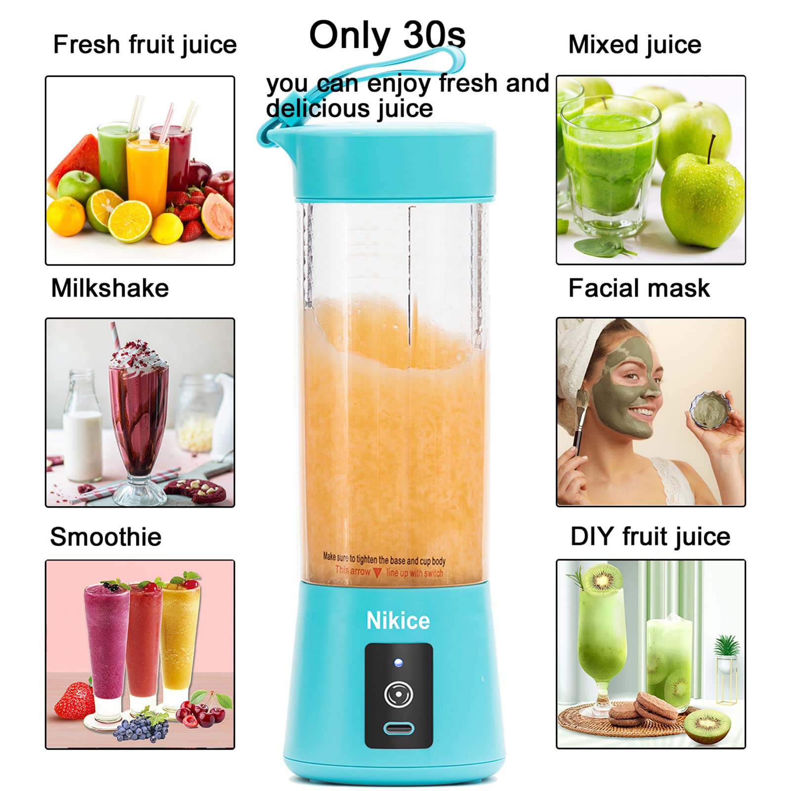 Portable Blender for Smoothies & Shakes - Personal Mini Blender Juicer Cup, Handheld Fruit Mixer for Home & Travel, USB Rechargeable (Blue) - Perfect for Gym, Office & Outdoor Activities