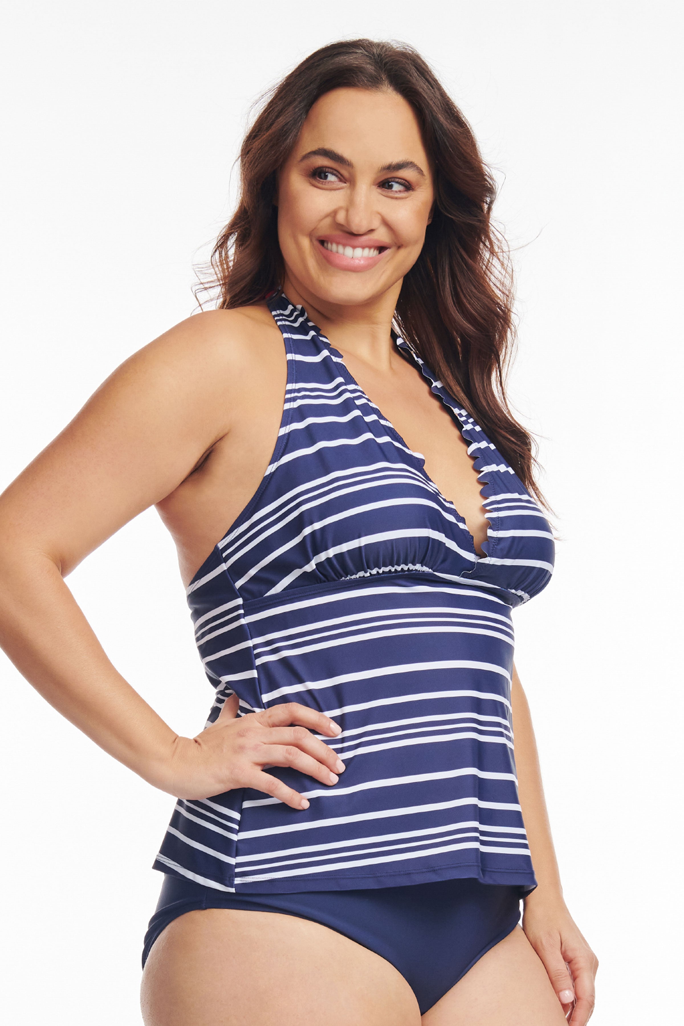Plus Size Scallop Neckline Halter Tankini Top - Electric Stripe Swimwear for Women | Beach Vacation, Pool Party & Summer Outfits
