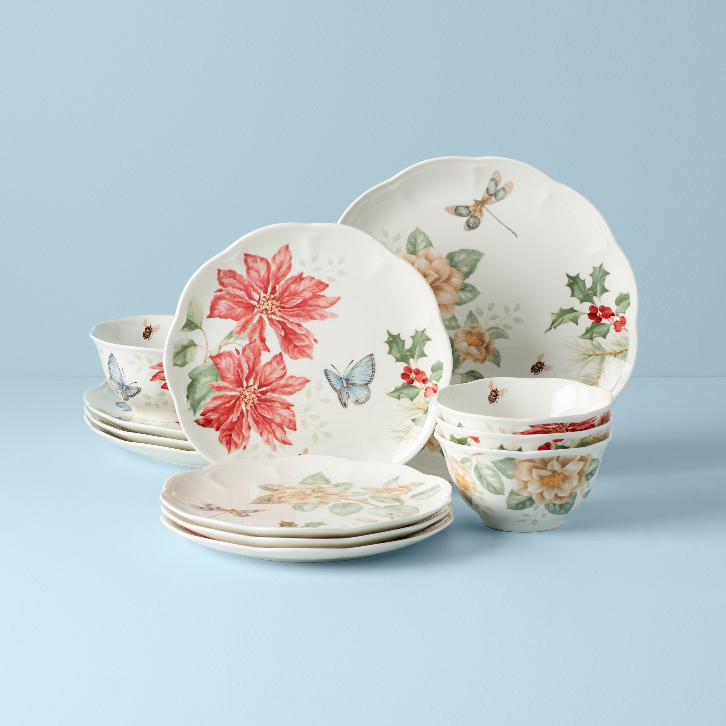 Butterfly Meadow Holiday 12-Piece Dinnerware Set - Elegant Porcelain Plates, Bowls & Mugs for Christmas, Thanksgiving & Family Gatherings