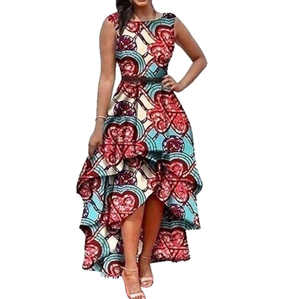 Yeshire Women's African Print Sleeveless High-Low Dashiki Formal Prom Peplum Flare Midi Party Dress - Medium, Pink - Perfect for Weddings, Graduations & Special Occasions