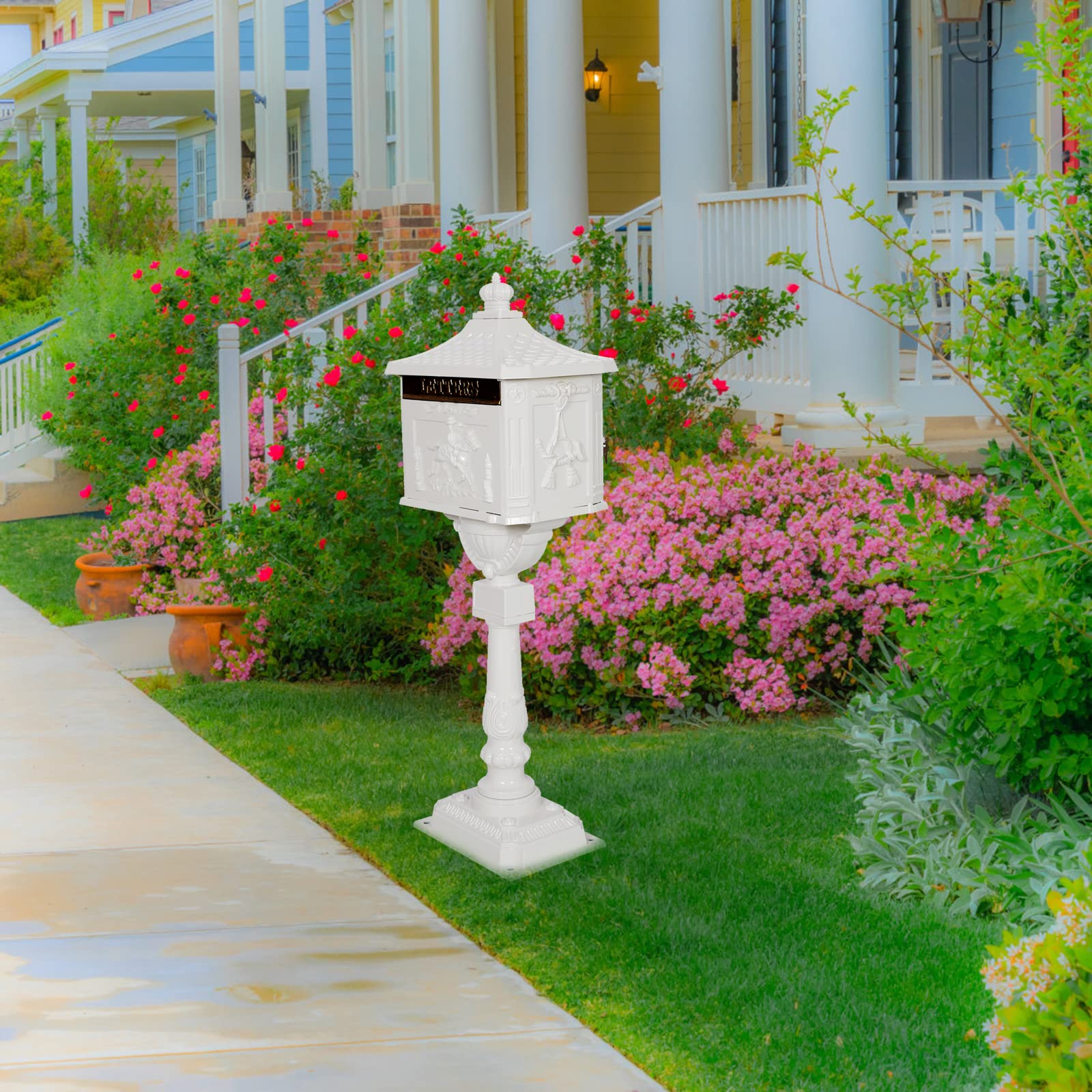 **Goujxcy White Cast Aluminum Locking Mailbox with Post – Weatherproof, Rustproof, Secure Curbside Mail Manager for Outdoor Home & Apartment Use**