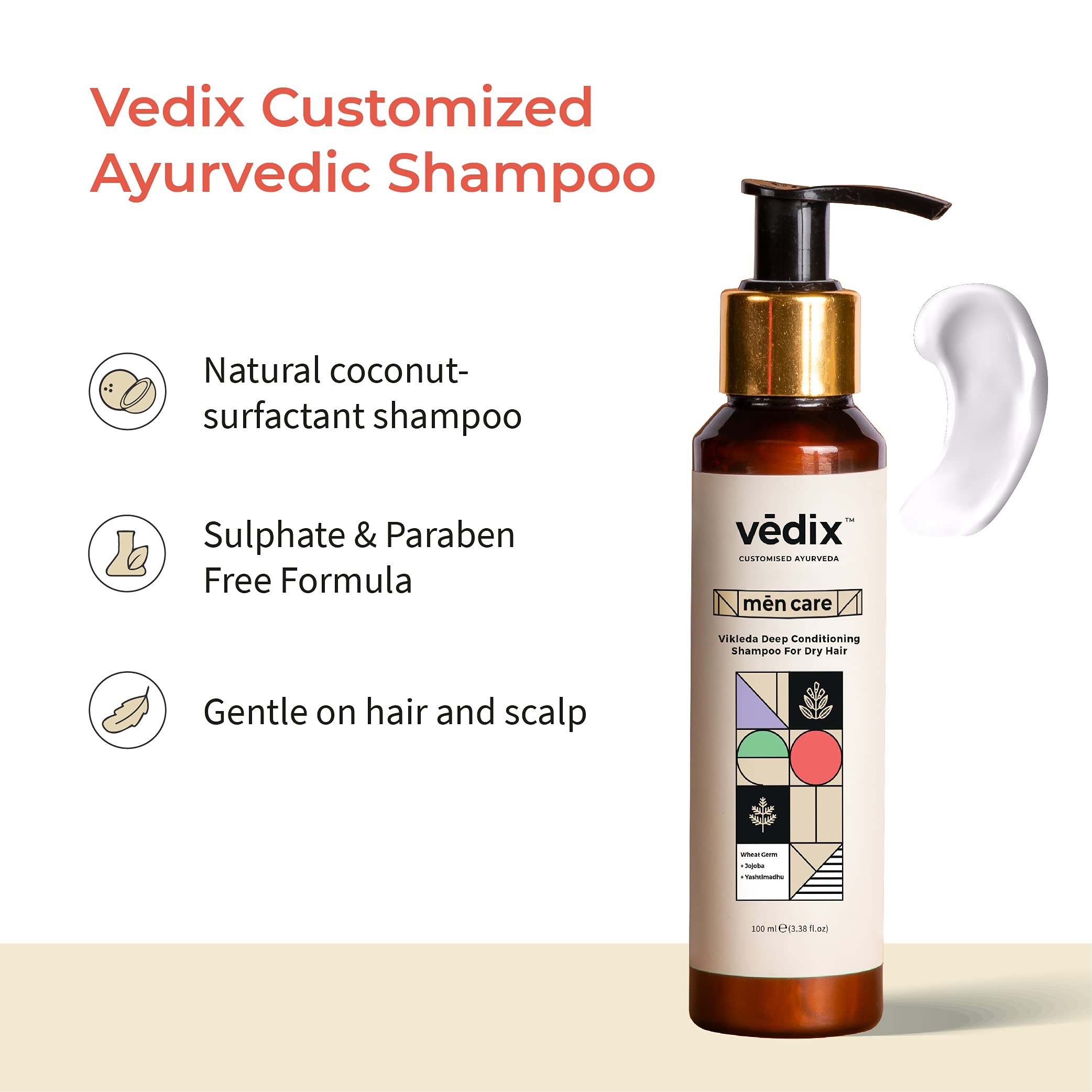 Vedix Ayurvedic Shampoo for Dry Frizzy Hair - Sulfate Free Customized Deep Conditioning Shampoo for Men with Wheat Germ, Jojoba & Yashtimadhu - 100ml - Perfect for Daily Hair Care & Scalp Nourishment