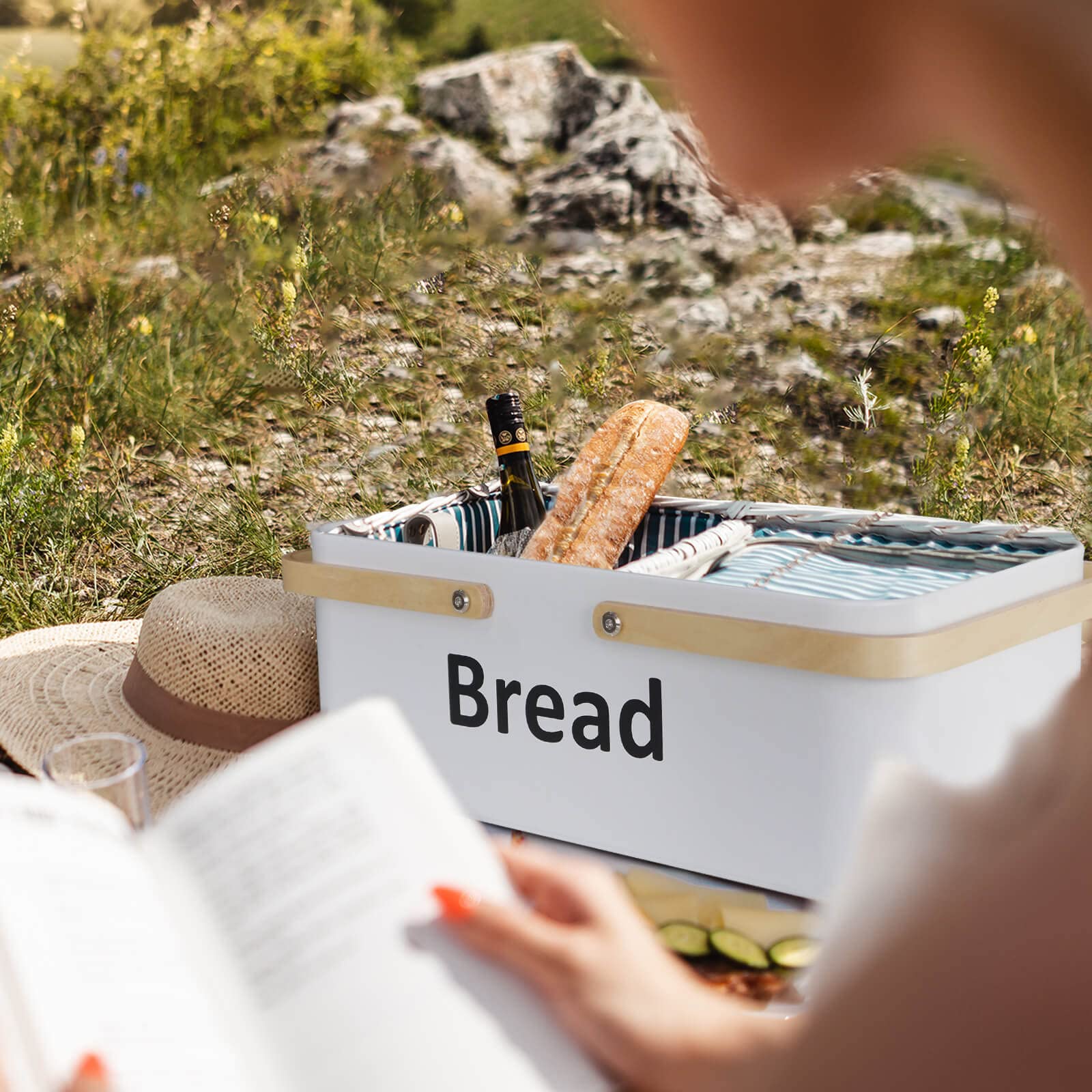 Large Metal Bread Box with Bamboo Lid - Kitchen Counter Organizer for Bread Storage | Modern Food Container with Handle for Home, Camping & Outdoor Use (White)