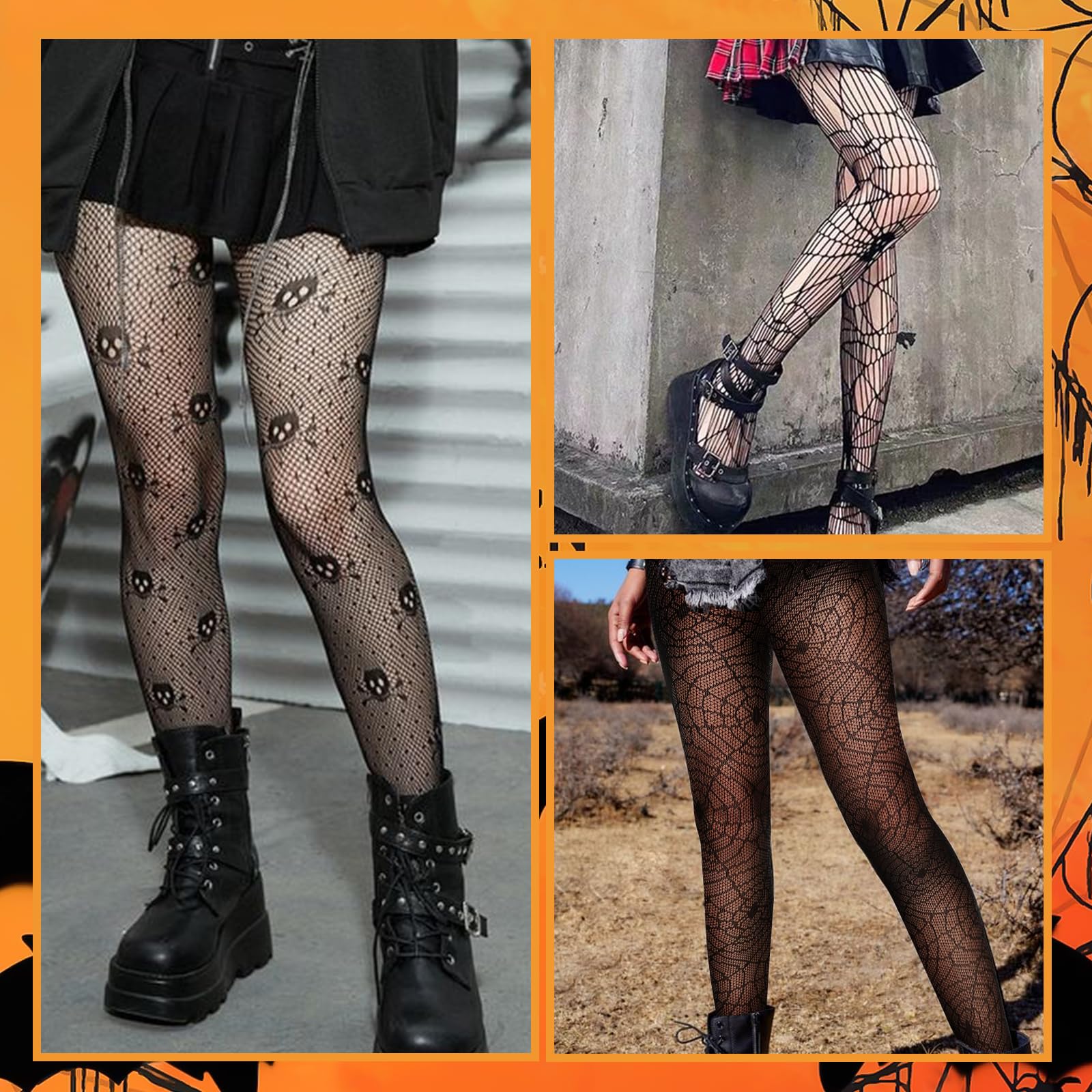 Yilanmy Women's Fishnet Stockings - 3 Pairs Black Patterned Tights with Suspender, Sexy Halloween Pantyhose for Cosplay, Party, Night Out & Lingerie Outfits