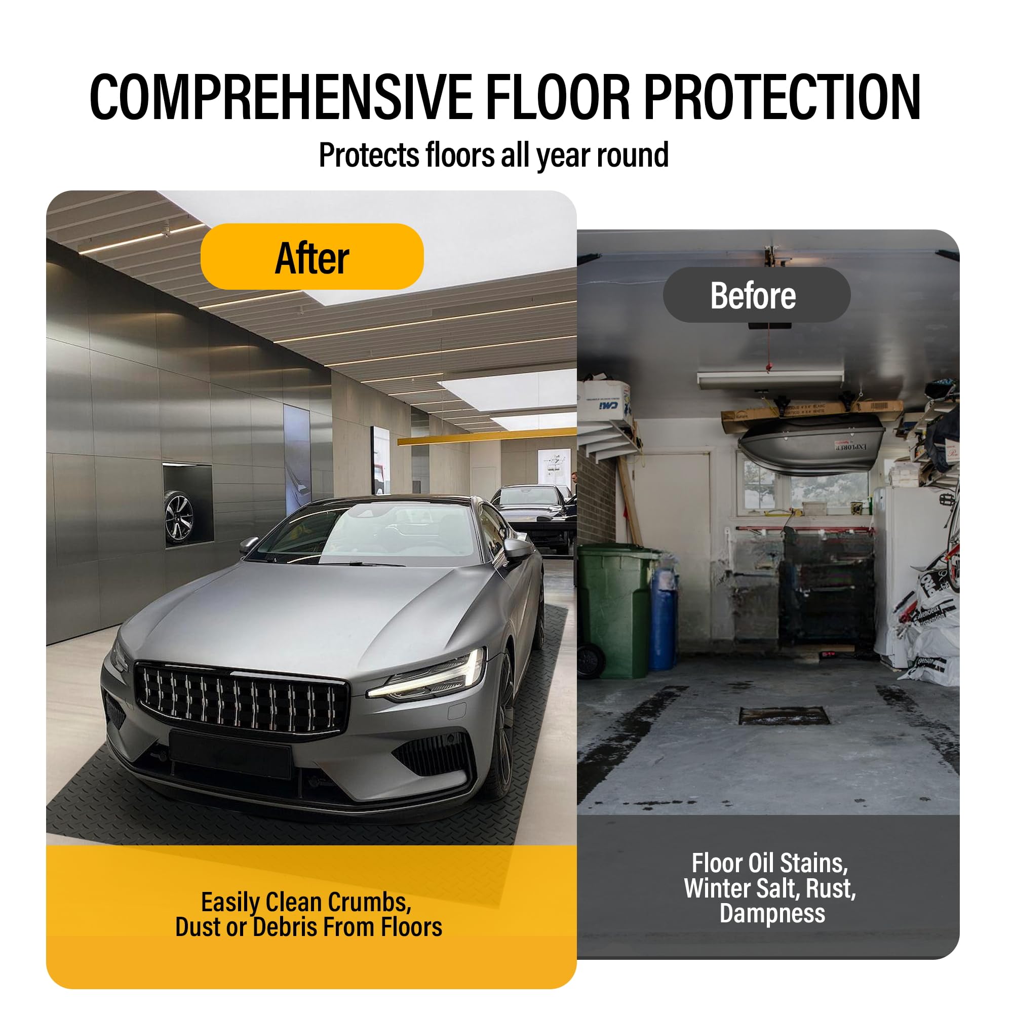 7.5 x 17 FT Heavy Duty PVC Garage Floor Mat Roll - Diamond Plate Pattern, 2.4mm Thickness, Waterproof Parking Mat for Garage, Workshop & Driveway Protection - Black
