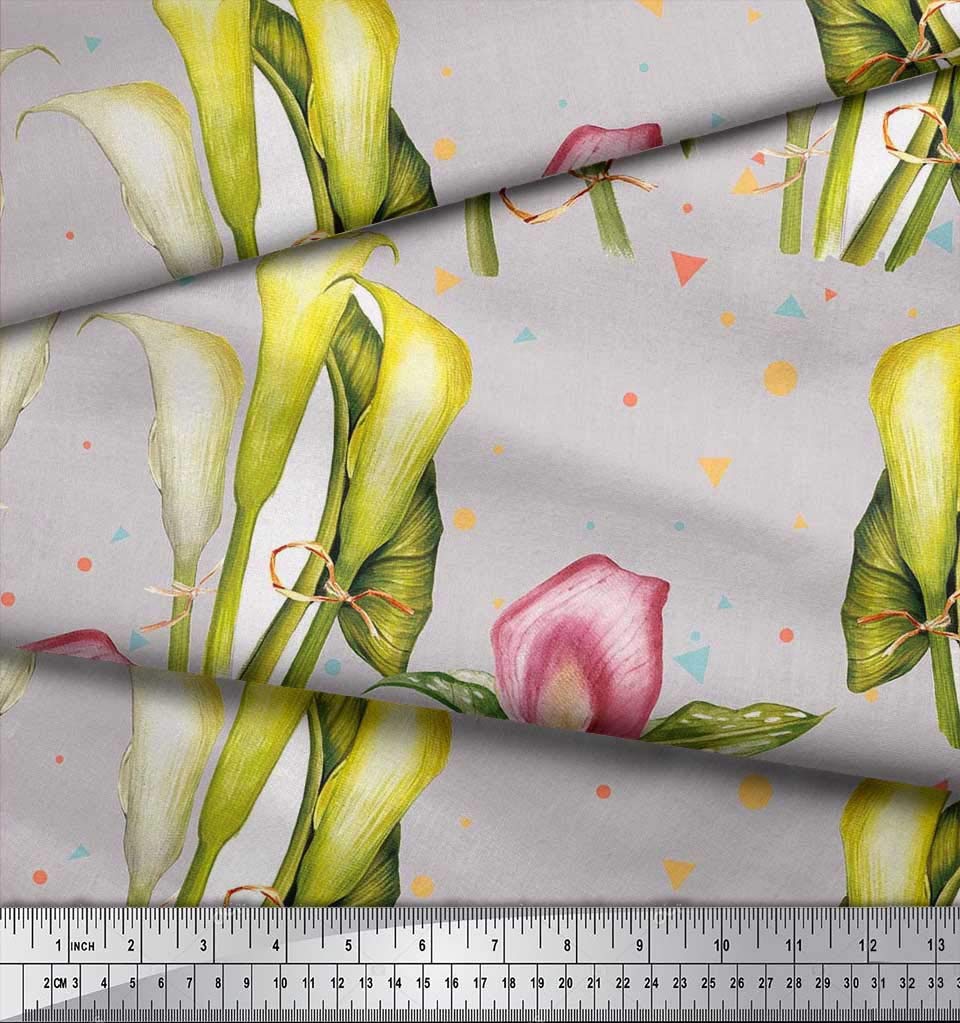 Soimoi Cotton Canvas Gray Fabric by The Yard - 42 Inch Wide Printed Fabric with Triangle, Leaves & Lily Flower Dream Modern Patterns - Perfect for DIY Apparel, Home Decor, Quilting & Craft Projects