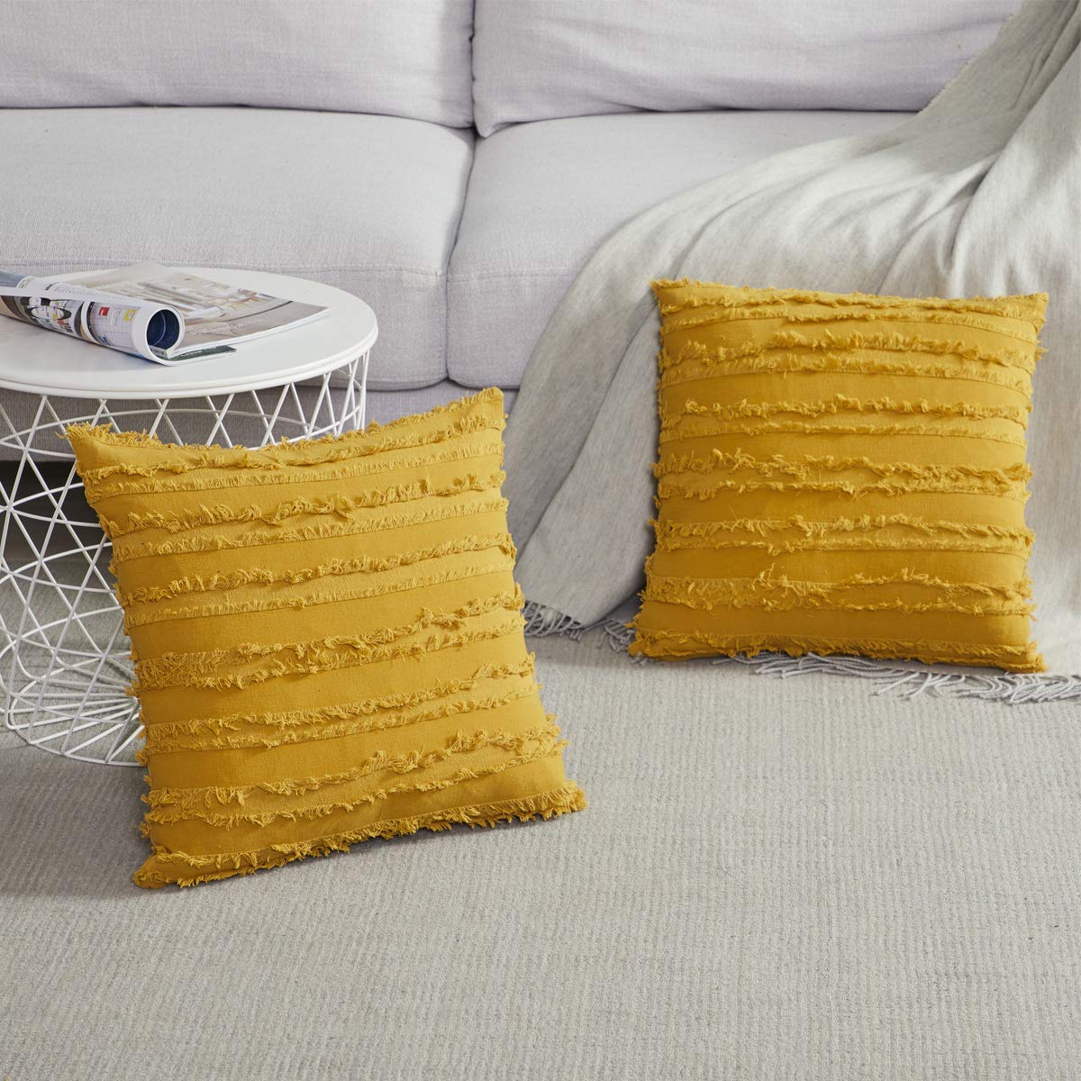 GIGIZAZA 22x22 Inch Decorative Throw Pillow Covers - Mustard Yellow Square Couch Pillow Covers, 100% Cotton Boho Cushion Covers for Sofa, Bed & Living Room Decor