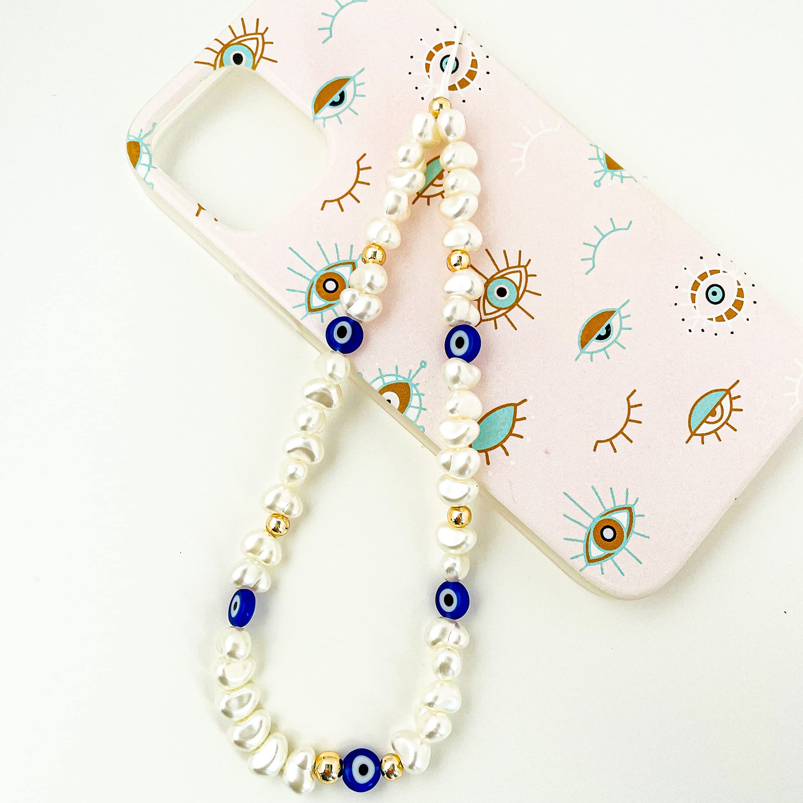Evil Eye Beaded Phone Charm - Y2K Pearl Phone Strap with Chain, Handmade Mobile Phone Jewelry for Women & Girls, Perfect for Wrist Phone Case & String Phone Bracelet, Ideal for Everyday Use & Gift Giving