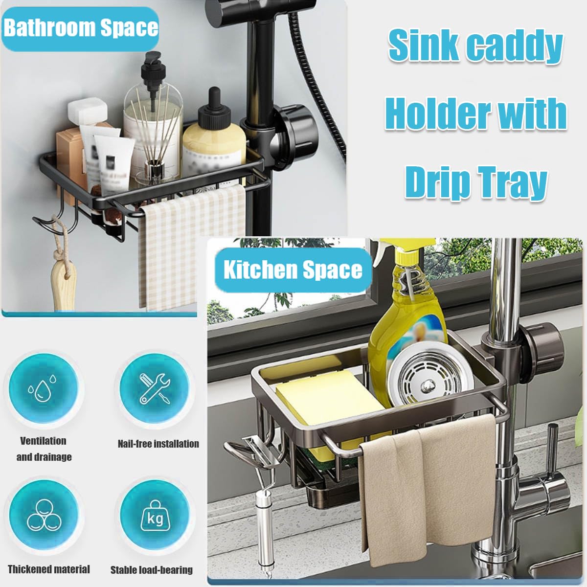Multifunctional Kitchen Sink Organizer Rack for Sponge & Utensils - Black